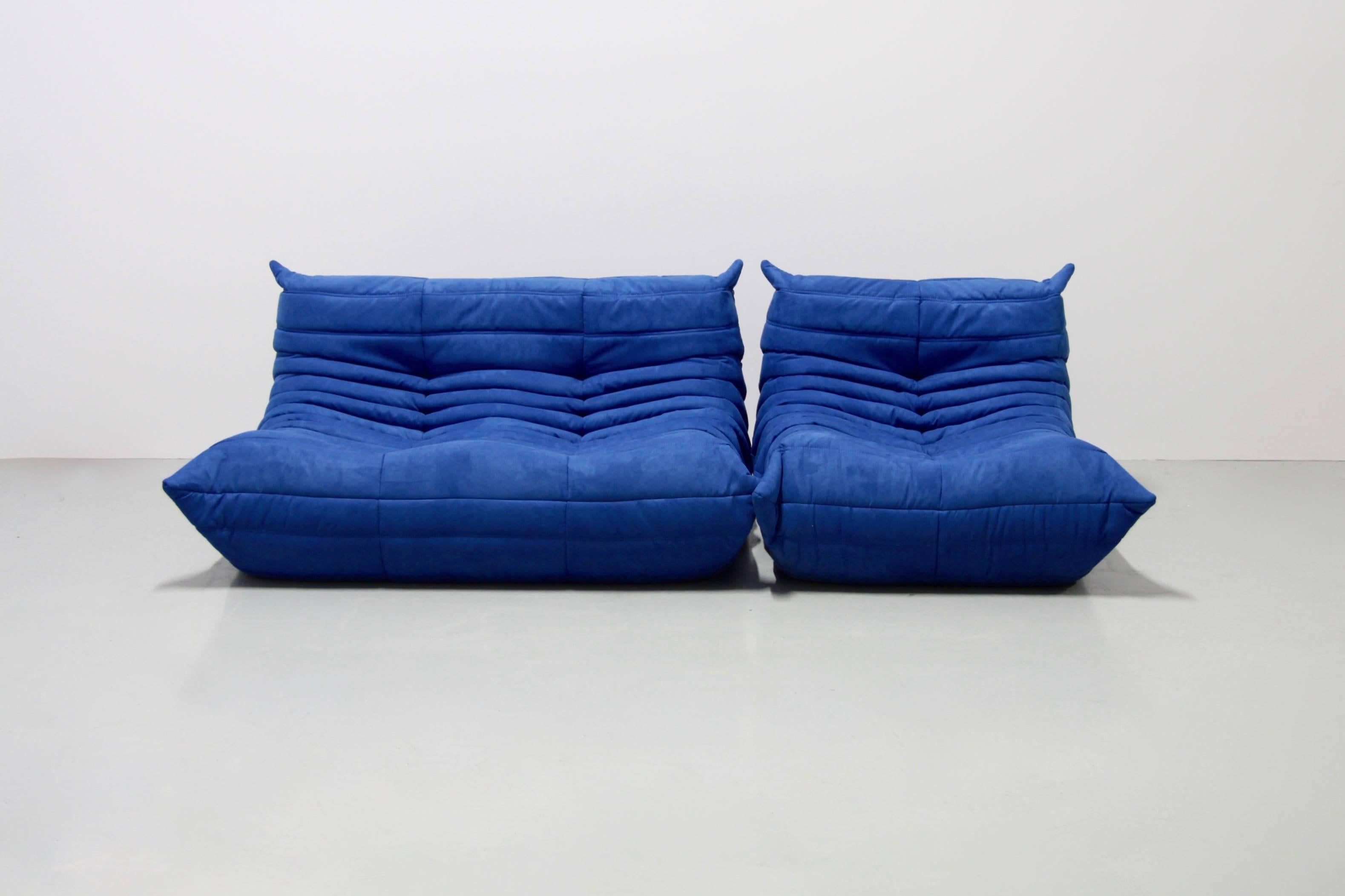 French Vintage Blue Microfibre Togo Sofa Set by Michel Ducaroy for Ligne Roset, 1970s