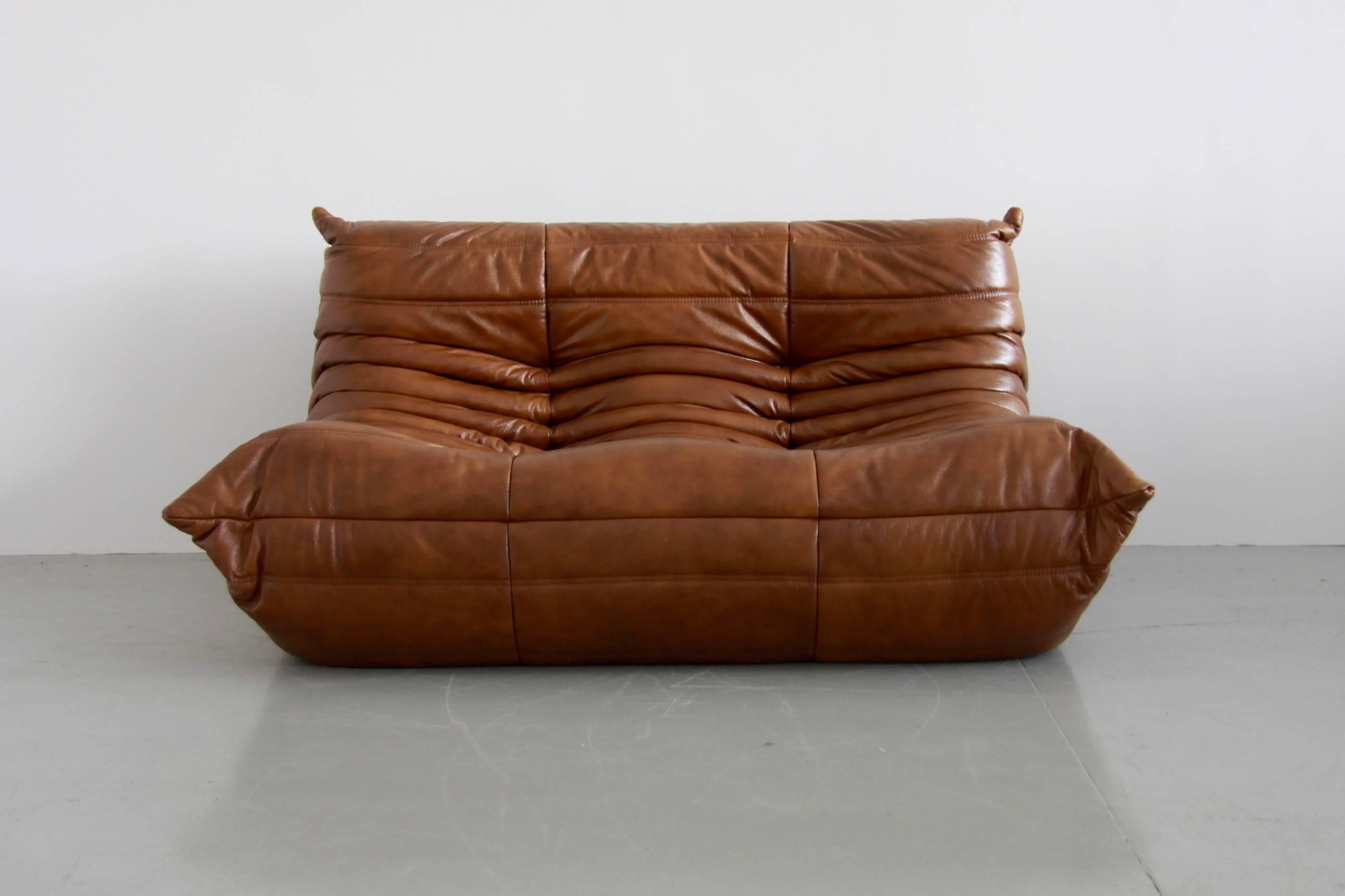 French Tobacco Leather Togo Living Room Set by Michel Ducaroy for Ligne Roset