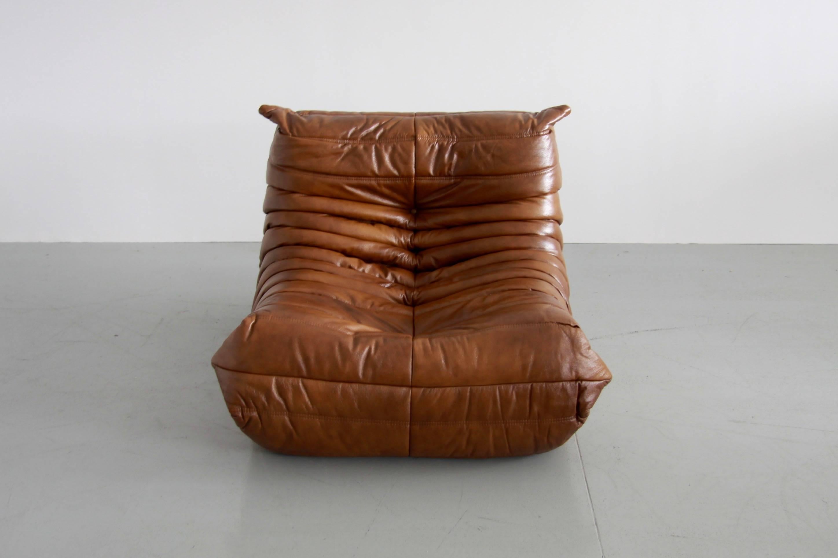 XX secolo Set da salotto Togo in pelle tabacco di Michel Ducaroy per Ligne Roset