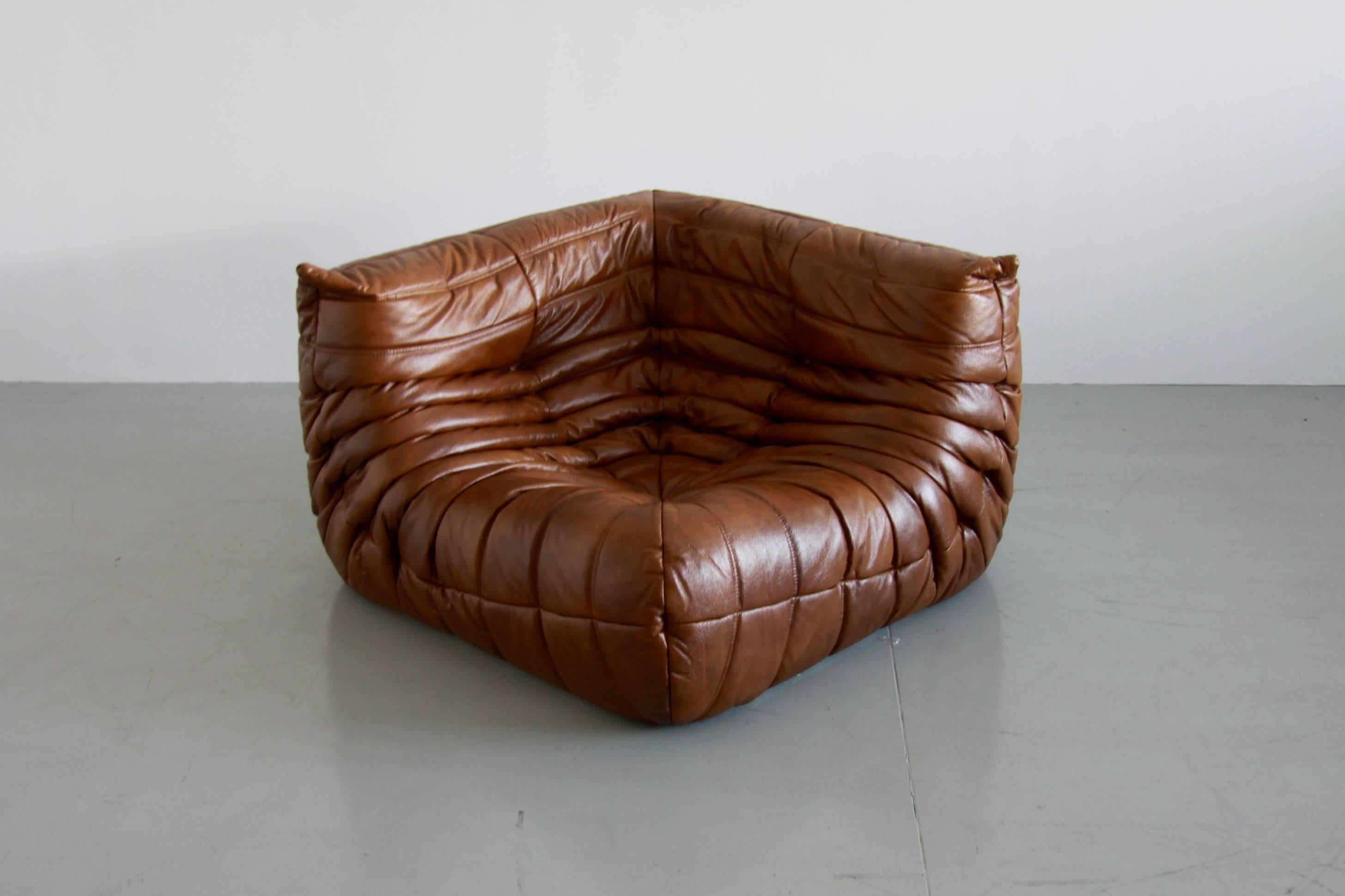 Set da salotto Togo in pelle tabacco di Michel Ducaroy per Ligne Roset 1