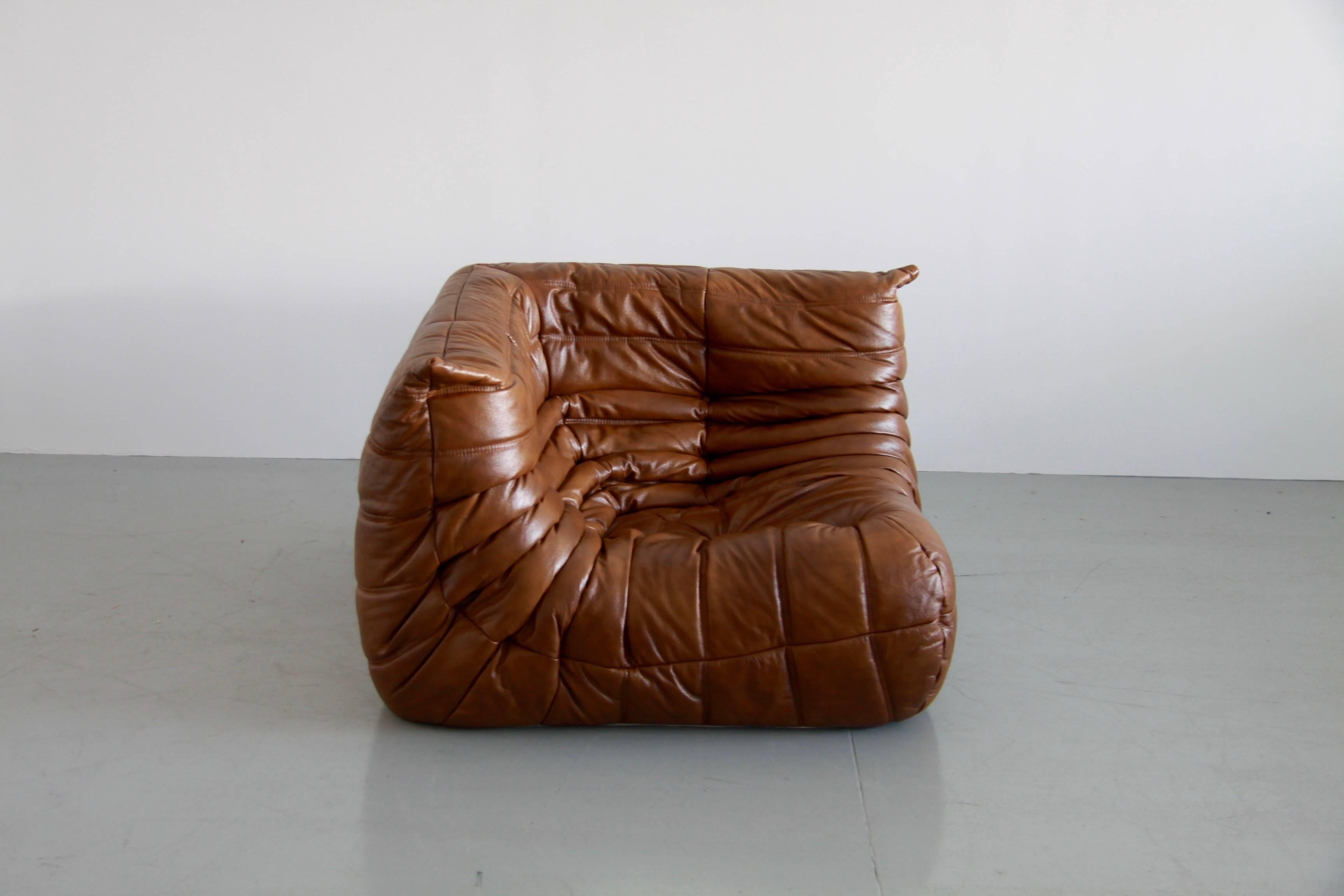 Set da salotto Togo in pelle tabacco di Michel Ducaroy per Ligne Roset 3