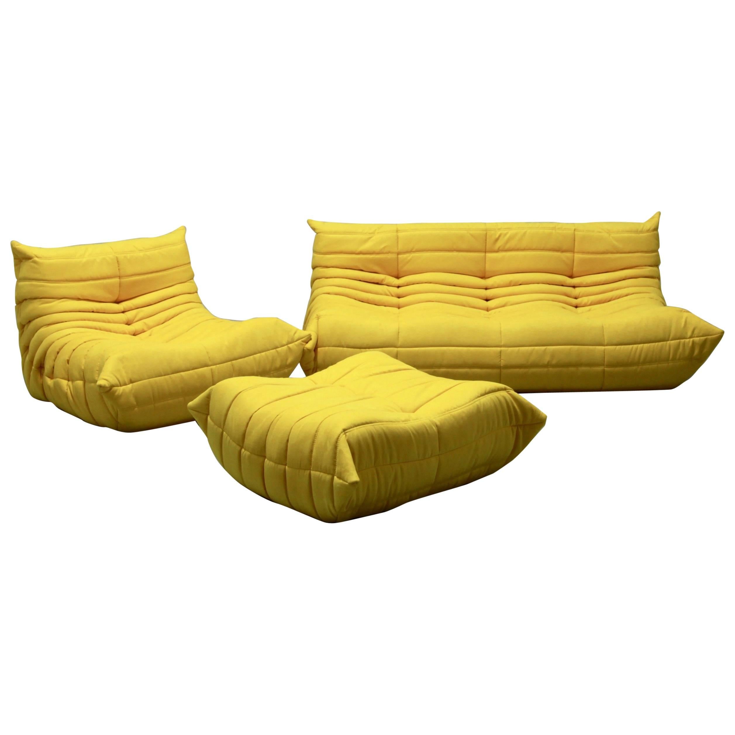 Vintage Yellow Microfibre Togo Sofa Set by Michel Ducaroy for Ligne Roset, 1970s