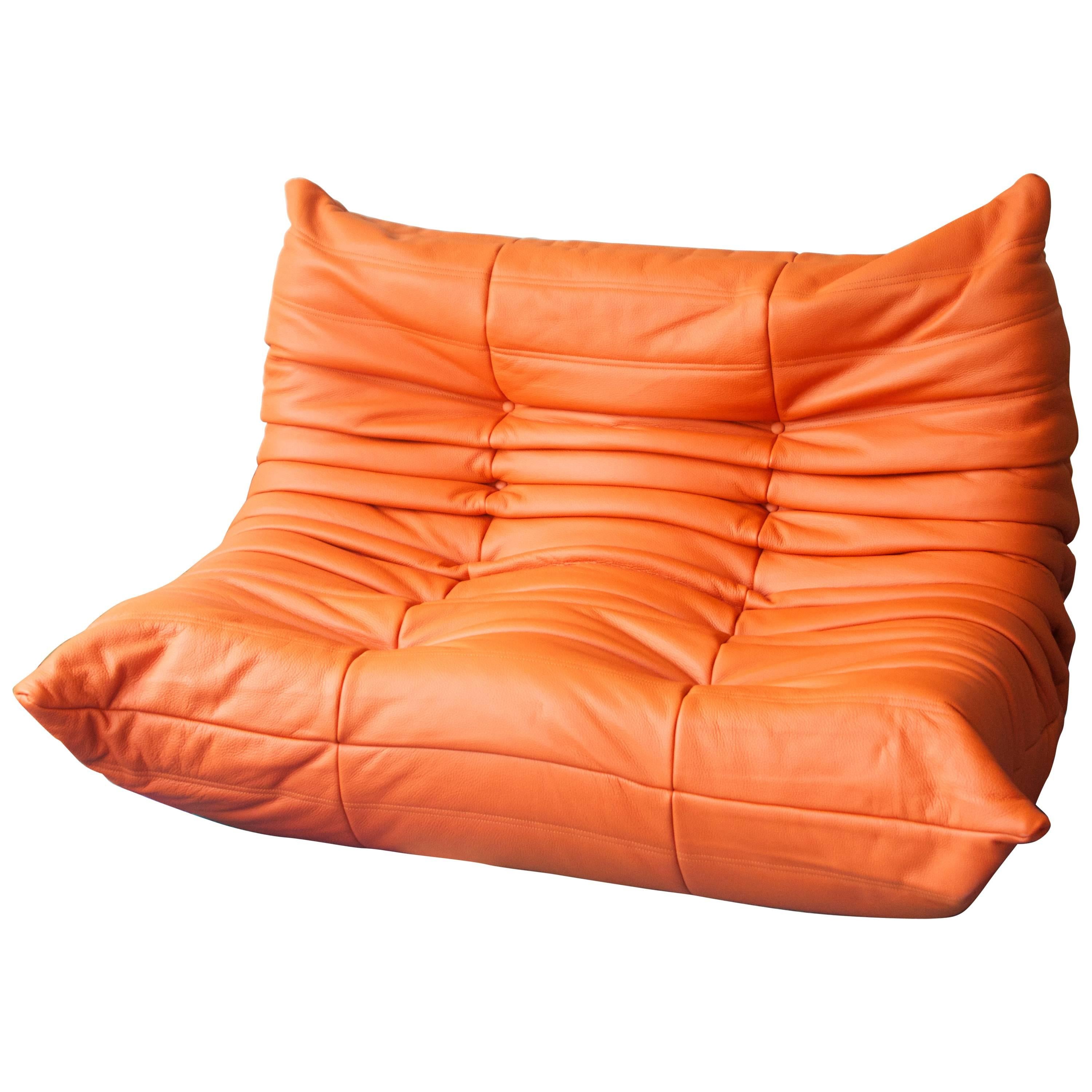 Orange Leather Two-Seat Togo Sofa by Michel Ducaroy for Ligne Roset For Sale