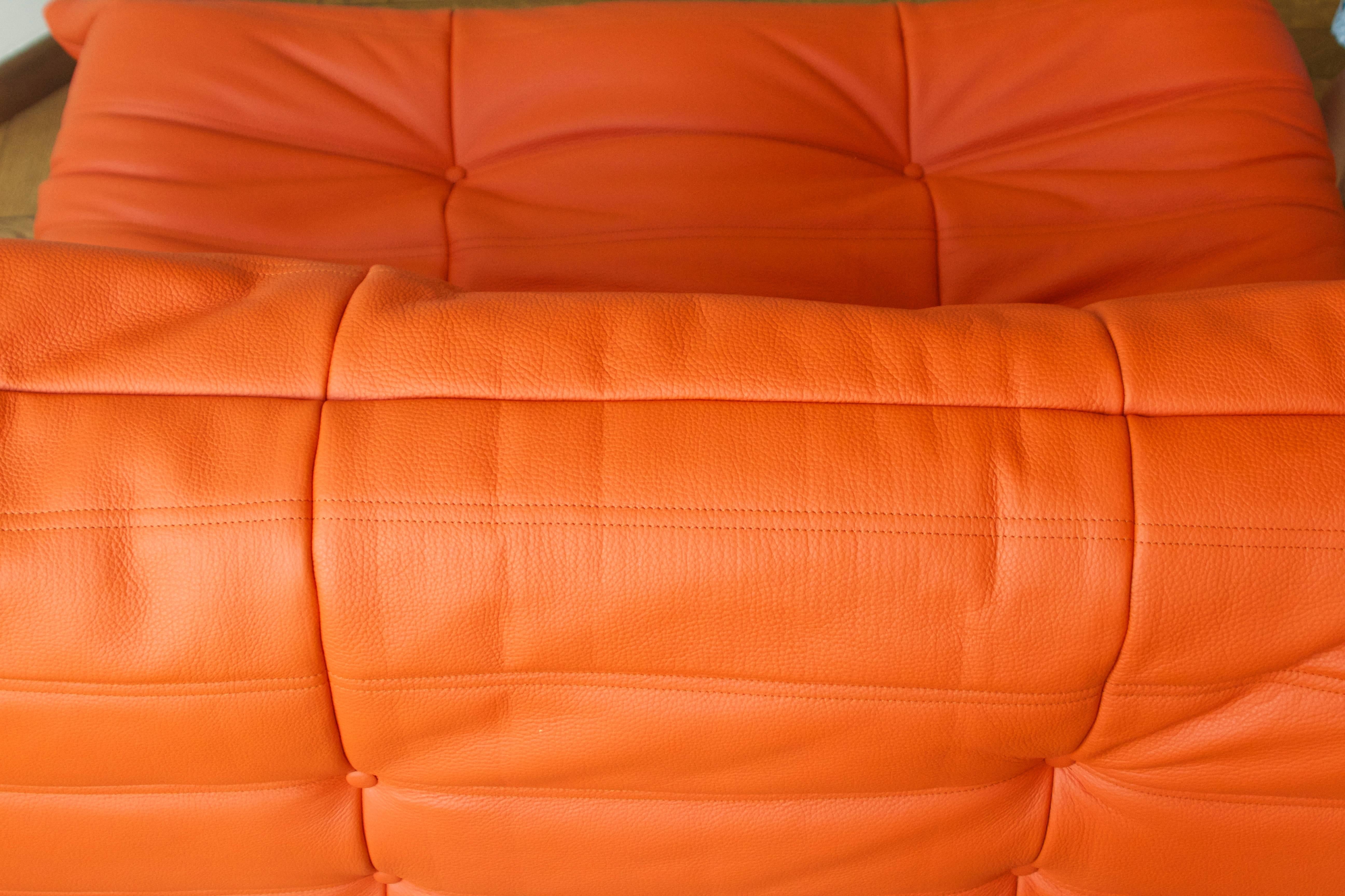 Orange Leather Two-Seat Togo Sofa by Michel Ducaroy for Ligne Roset For Sale 1