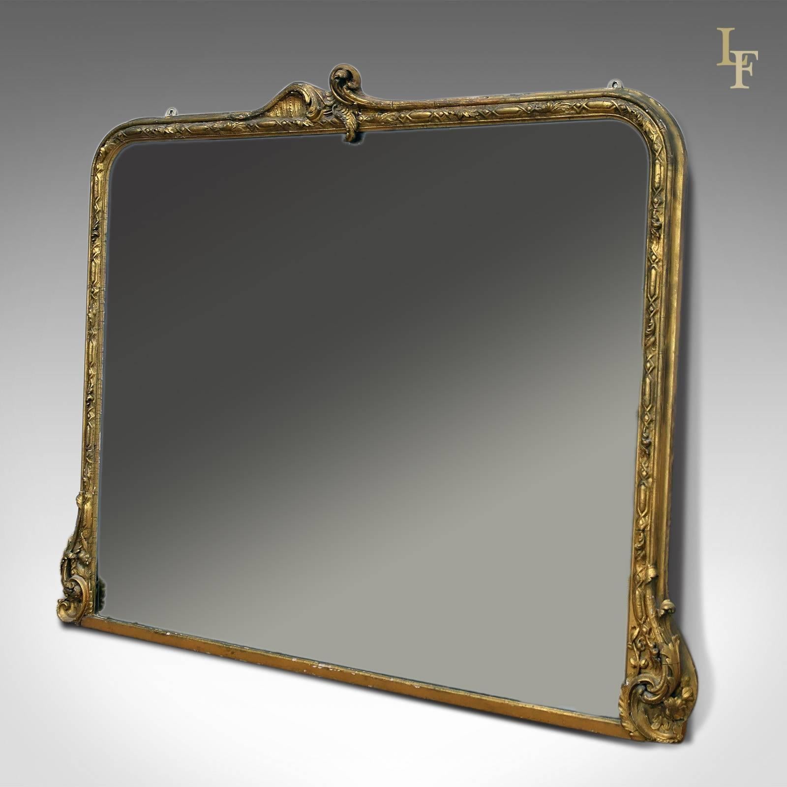 British 19th Century Antique Overmantel Mirror, Large, Victorian, Wall
