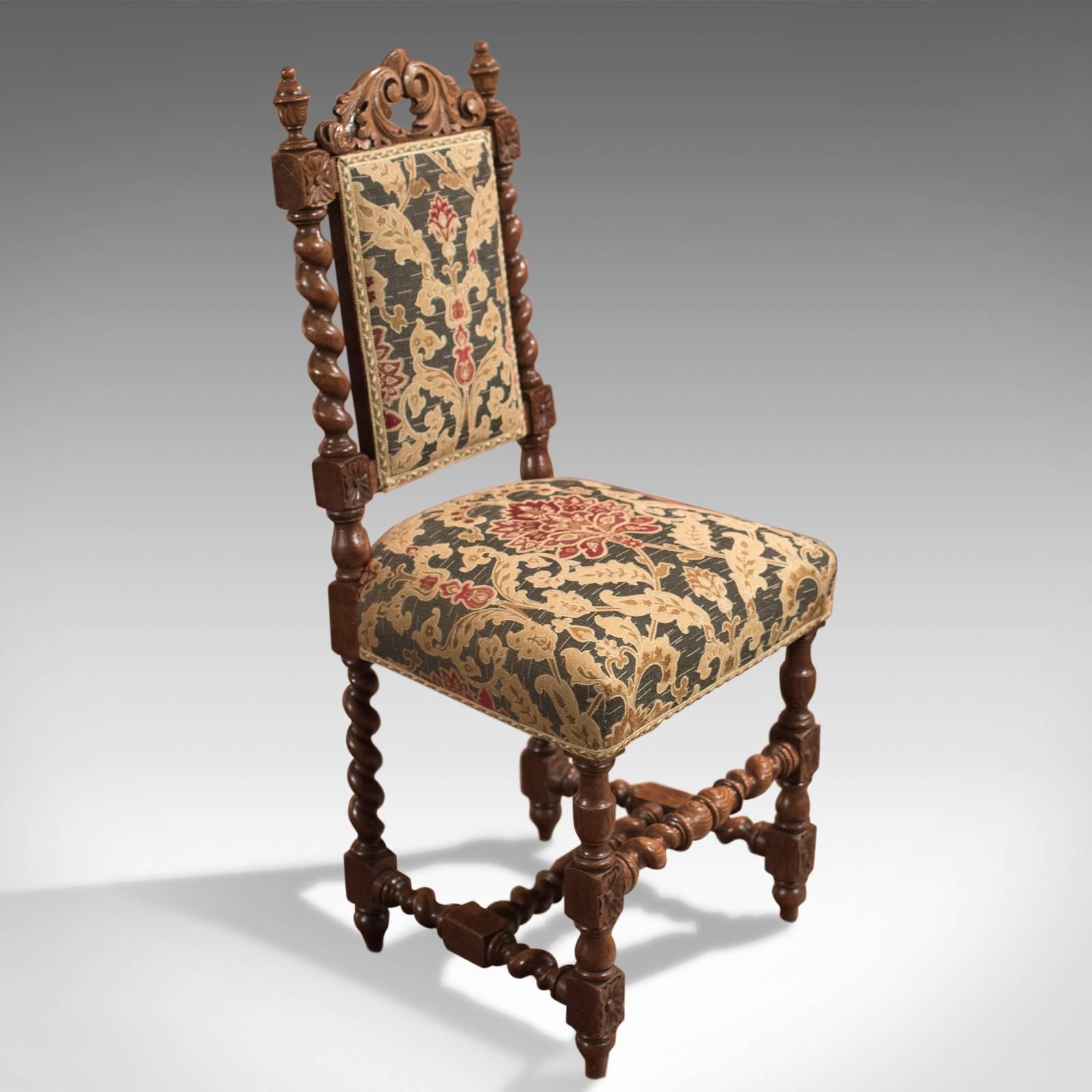 Gothic Revival 19th Century Pair of Antique Hall Chairs, Victorian, Oak Needlepoint, circa 1870