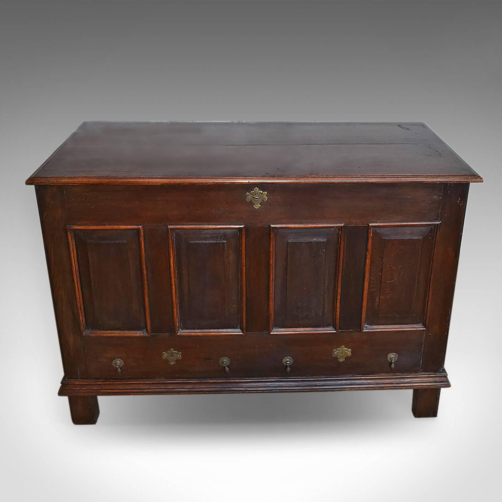 This is an antique mule chest, an English, oak trunk dating to the late Georgian period circa 1800.

English oak with an aged patina
Four chamfered field panel front with two panel sides
Faux drawer fronts with brass drop handles and lock