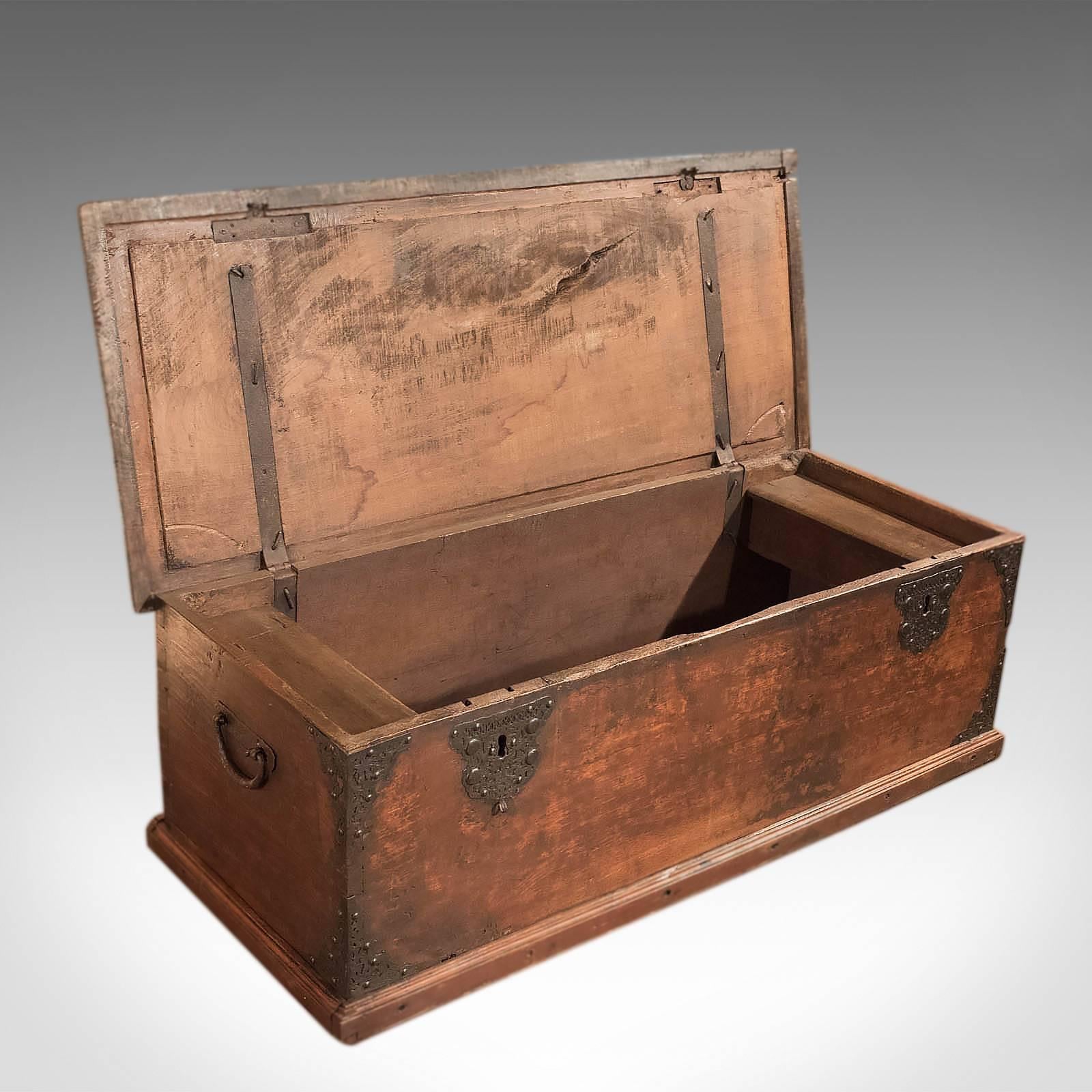 British Antique Chest, Colonial Hardwood Trunk, Early 19th Century