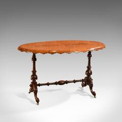 Antique Stretcher Table, Victorian Burr Walnut, circa 1860
