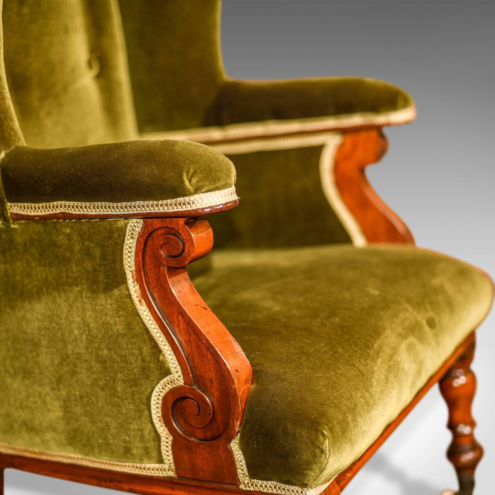 Antique Wing Back Chair, Victorian, Green Velvet, circa 1850 1
