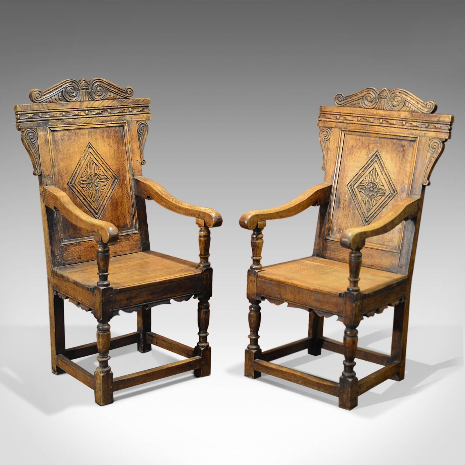 British Antique Pair of Hall Chairs, 19th Century, Baronial