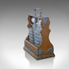 Antique Tantalus, Pair of Decanters, Oak Victorian