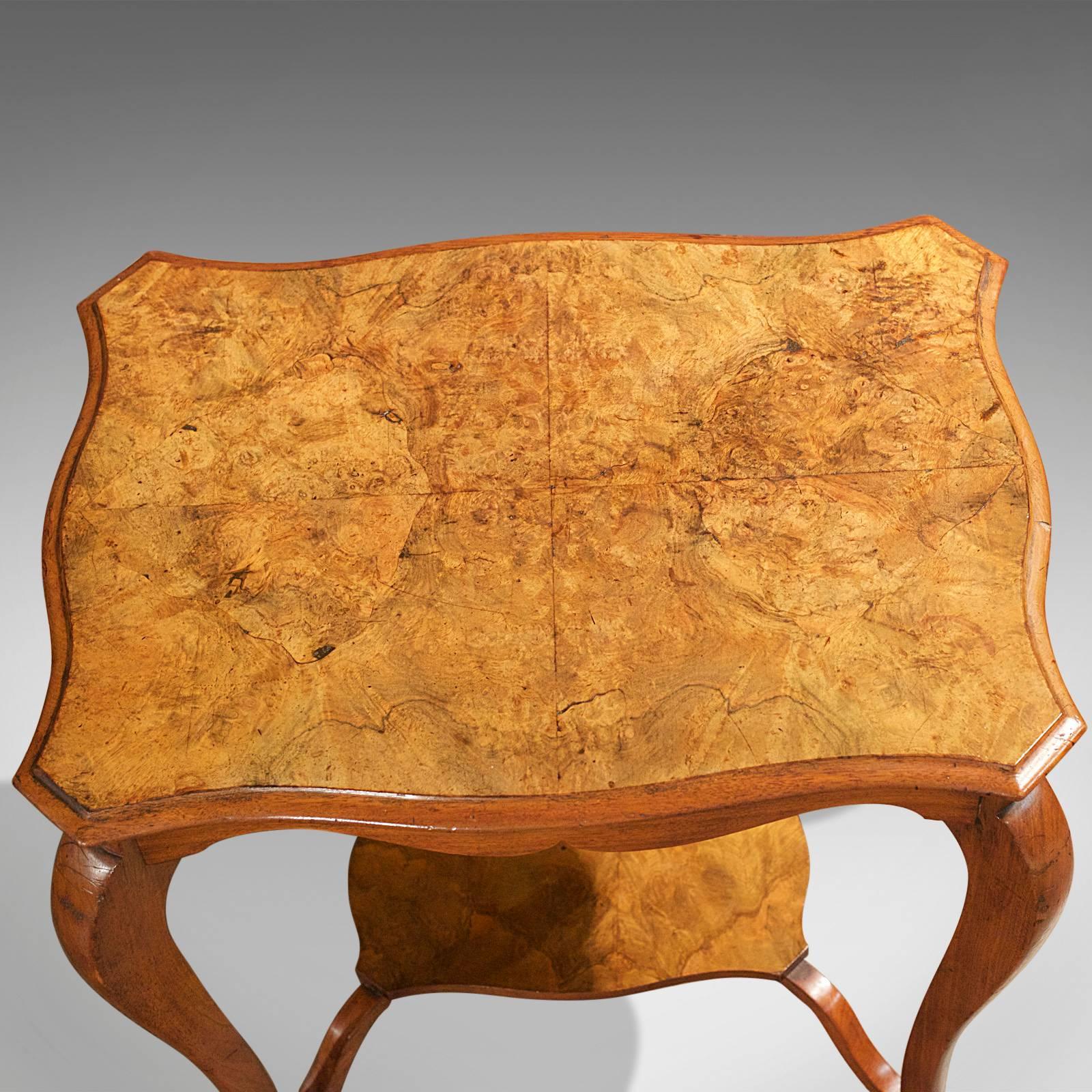 19th Century Antique English Burr Walnut Two-Tier Side Table, circa 1900