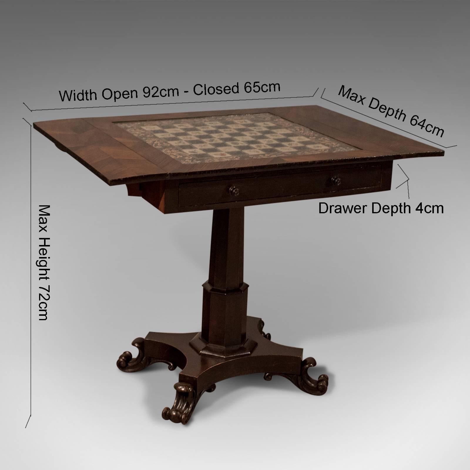 Antique kingwood chess table, English Regency, circa 1820

A rare and interesting chess games table presented in very good antique condition
Displaying fine kingwood veneer over mahogany
With needlepoint tapestry playing surface below