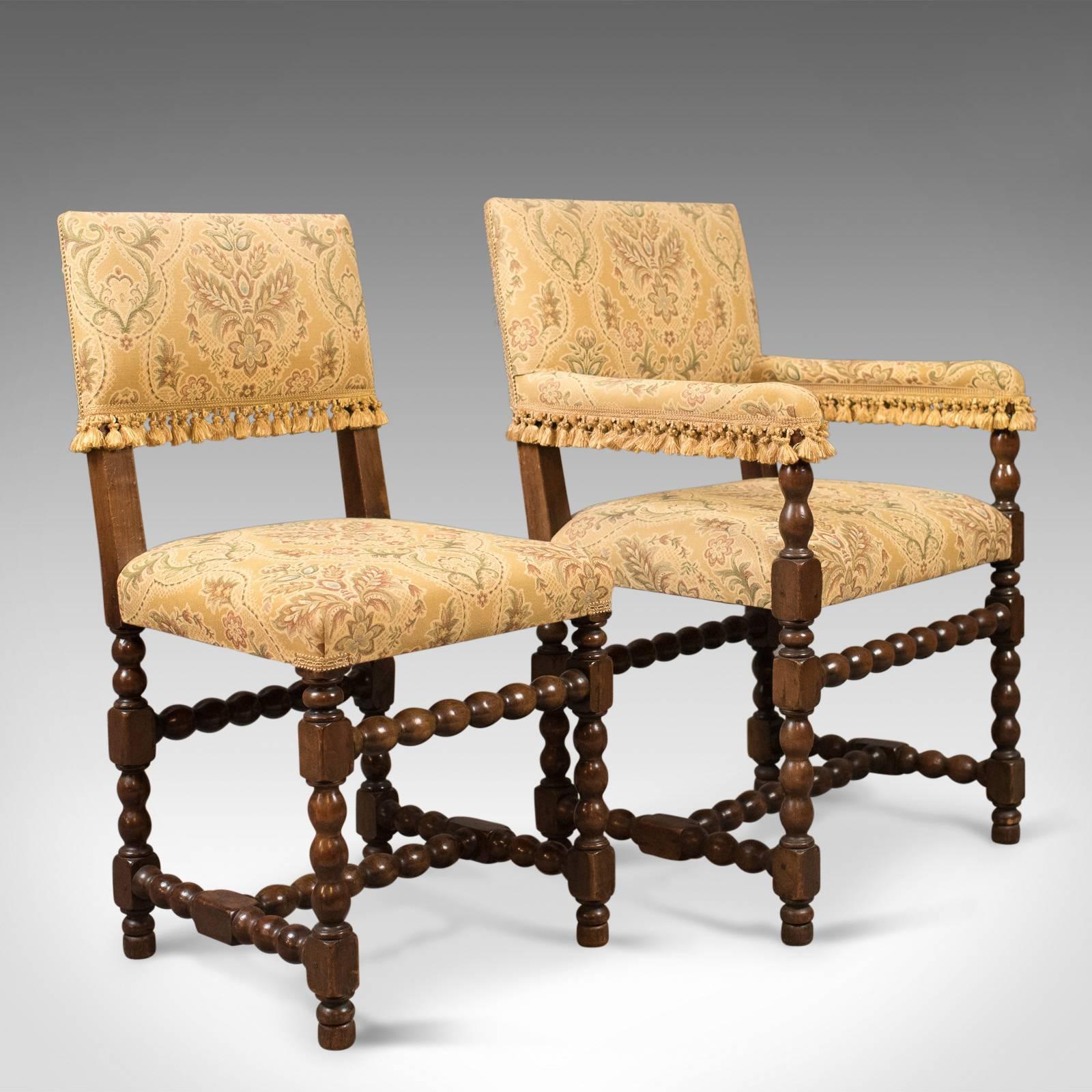 This is a superior quality set of six antique dining chairs, Edwardian Jacobean revival.

A pair of carvers and four chairs
Bobbin turned dark English beech frames
Boxed joints, 'H' Stretcher and pegged joints

Upholstered in a golden,