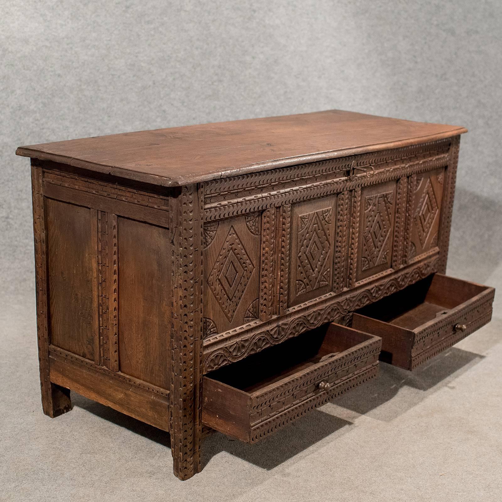Early 18th Century Oak Coffer Mule Chest Carved Storage Trunk English Early Georgian, circa 1720