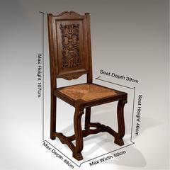 Antique Oak Set of Six French Kitchen Dining Chairs, Rush Seats, circa 1910
