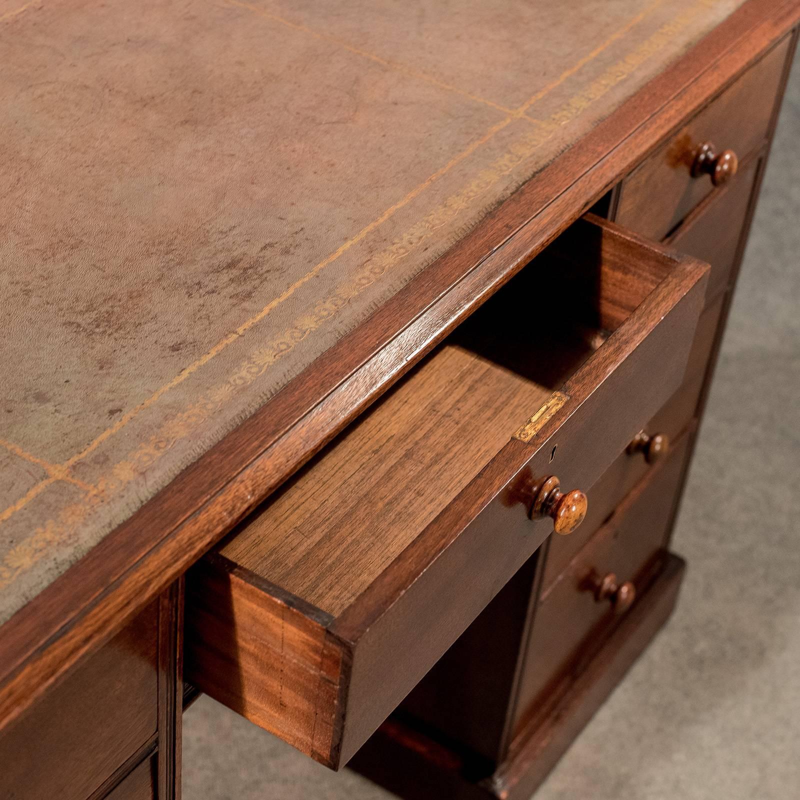 Great Britain (UK) Antique Writing Study Pedestal Desk Leather Top Victorian Mahogany, circa 1890