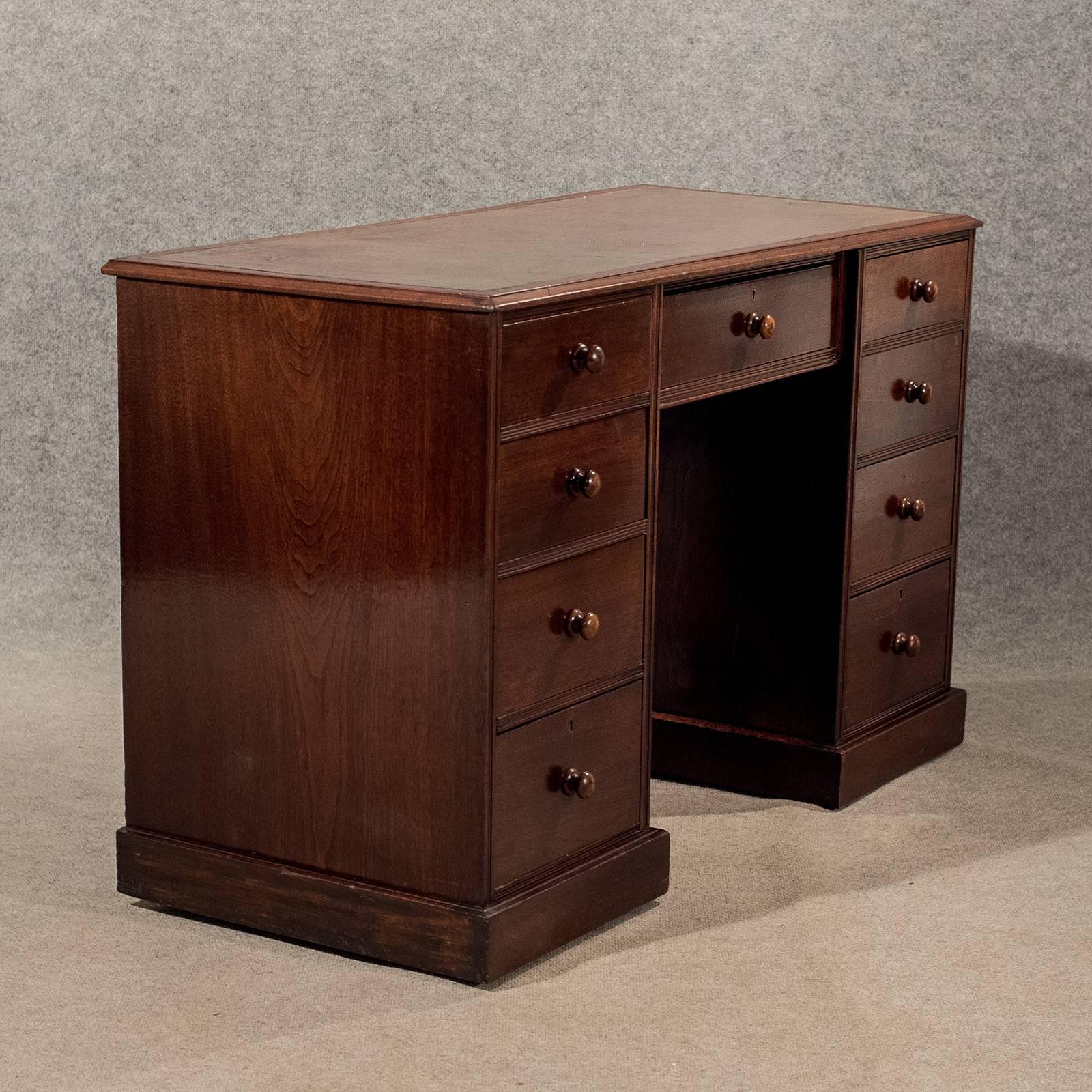 Late 19th Century Antique Writing Study Pedestal Desk Leather Top Victorian Mahogany, circa 1890