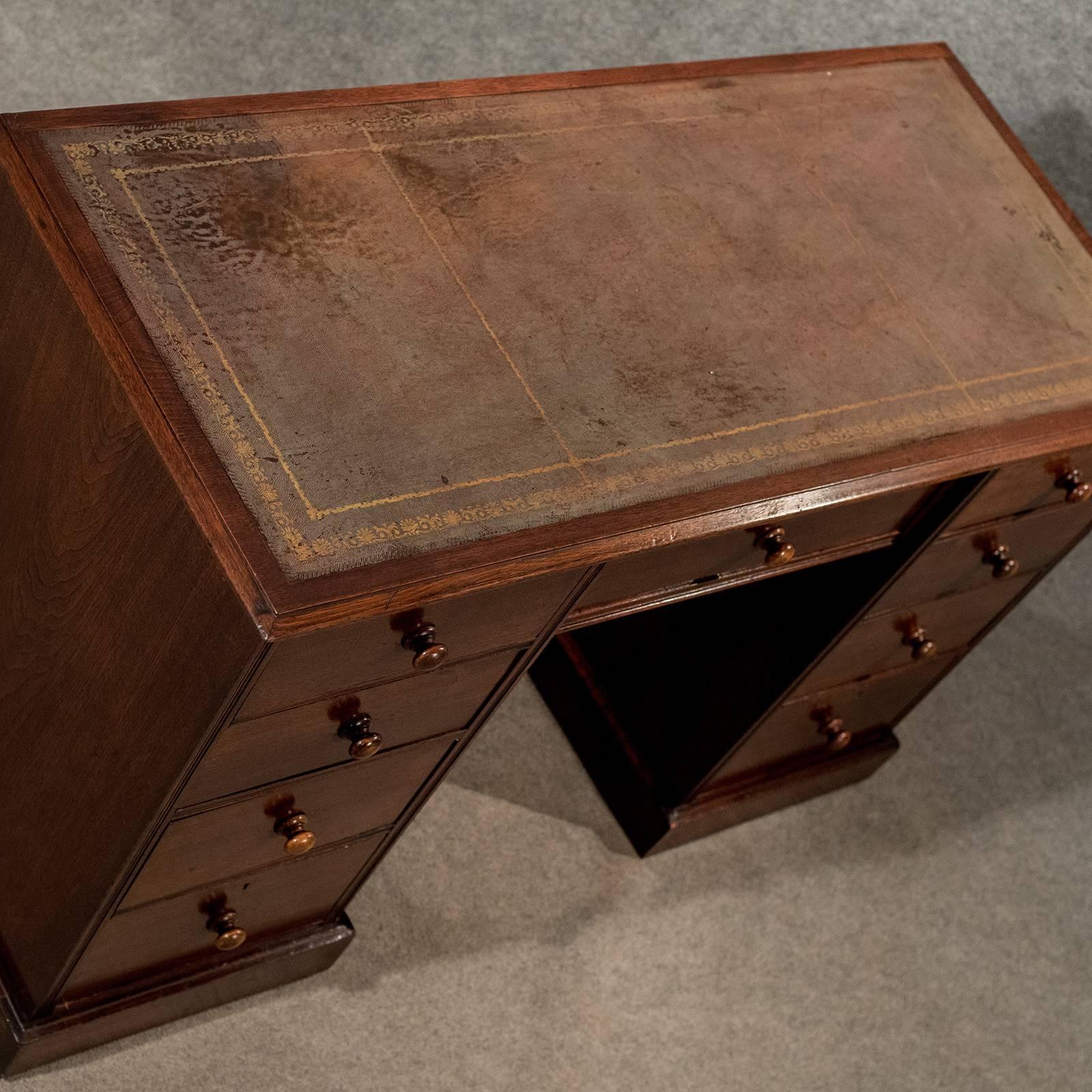 Antique Writing Study Pedestal Desk Leather Top Victorian Mahogany, circa 1890 2