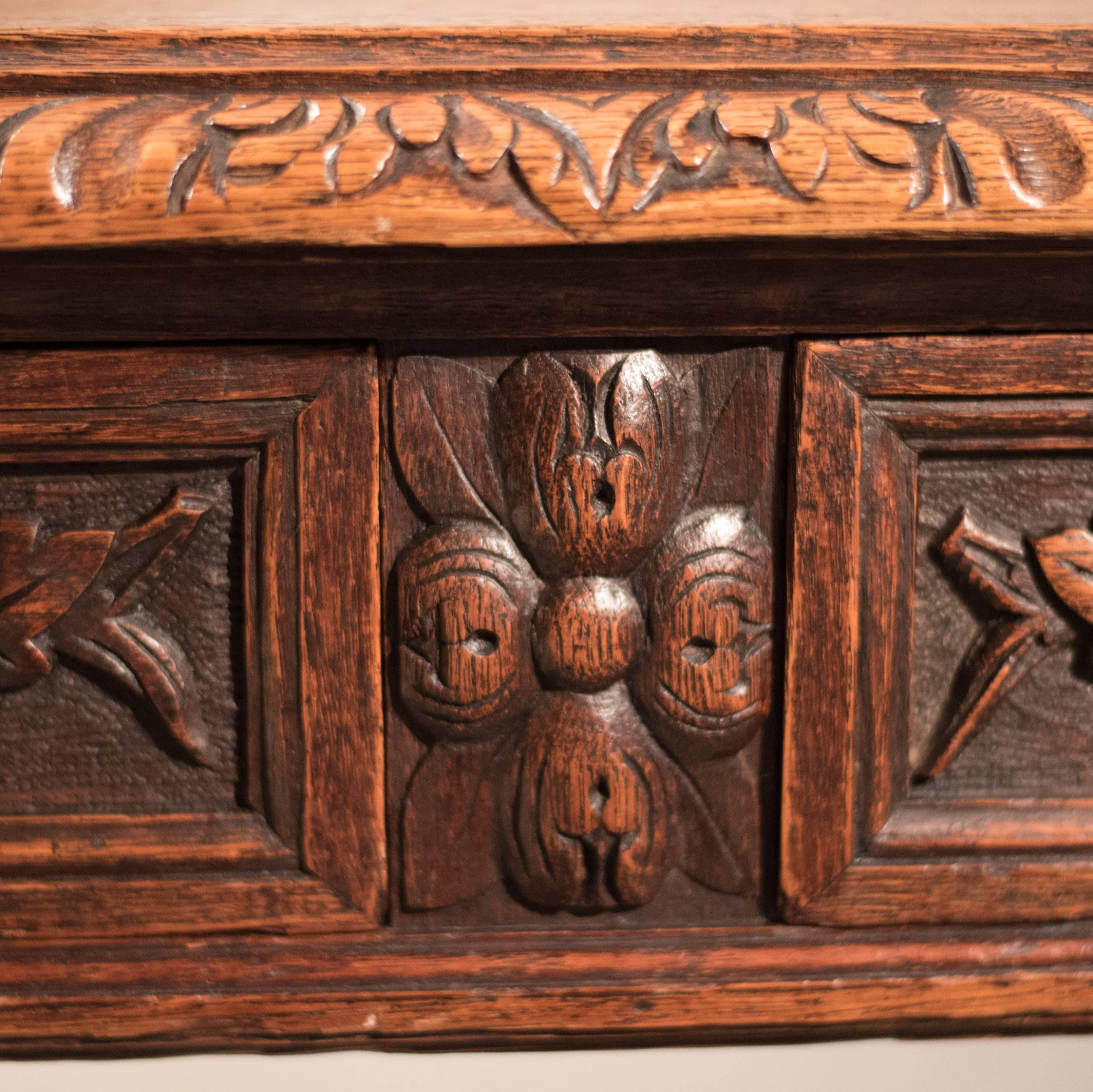 Antique Desk Library Writing Table Side Hall Victorian English Carved Oak In Good Condition In Hele, Devon, GB