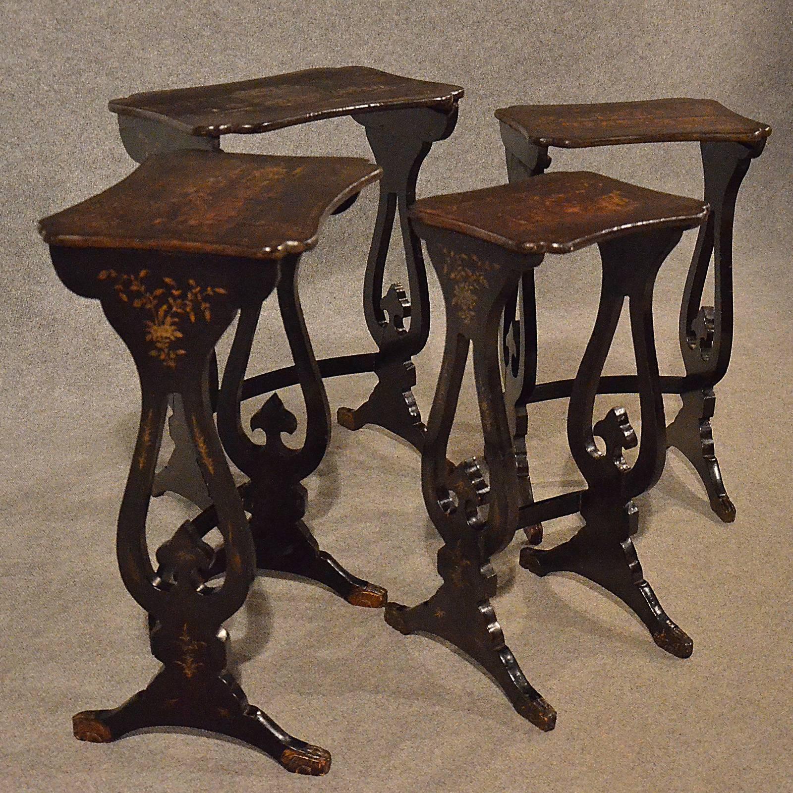 Wood Nest Tables Japanned Ebonized Oriental Asian Quartetto Victorian, circa 1890