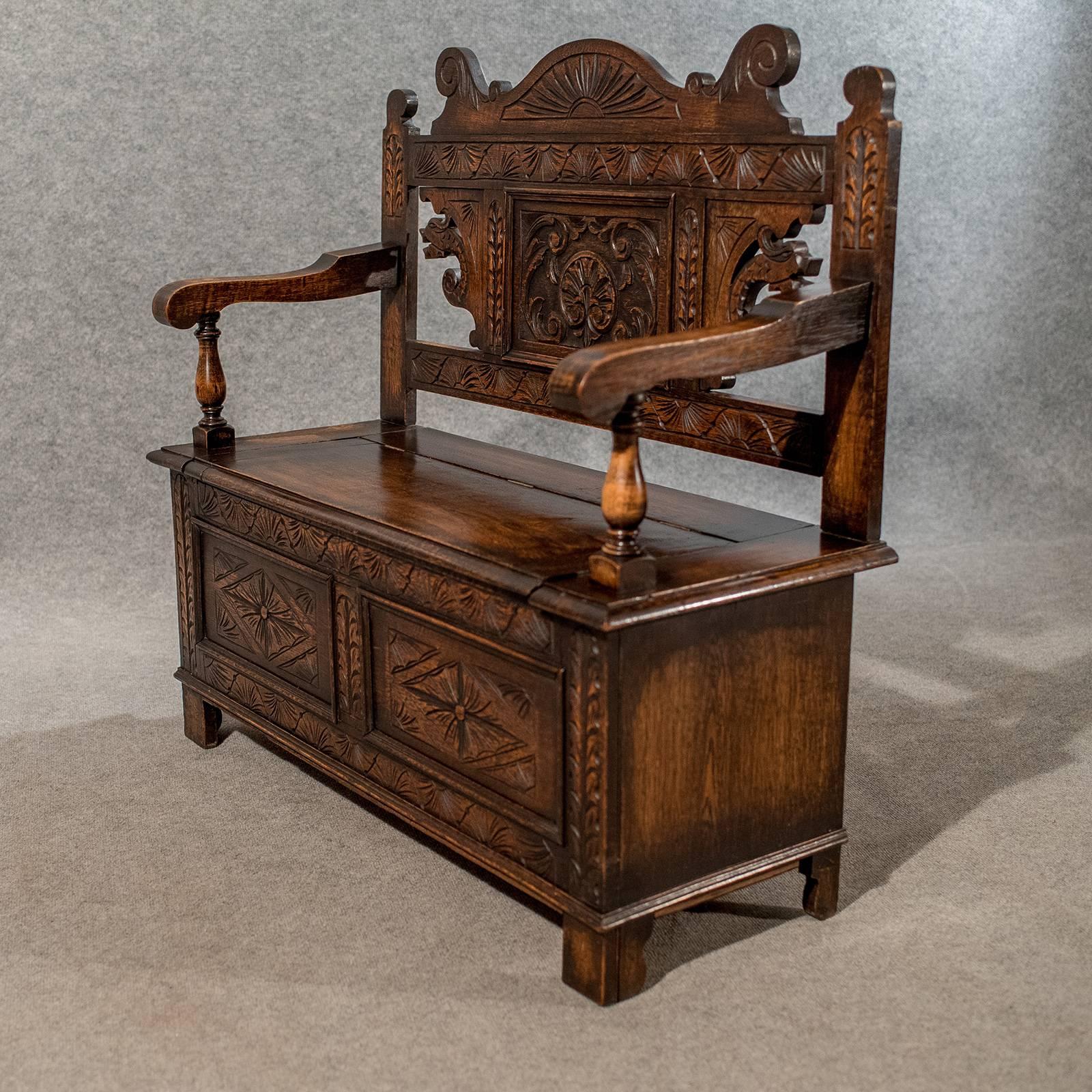 Jacobean Carved Oak Settle Bench Pew Hall Seat with Locker, English, Mid-20th Century