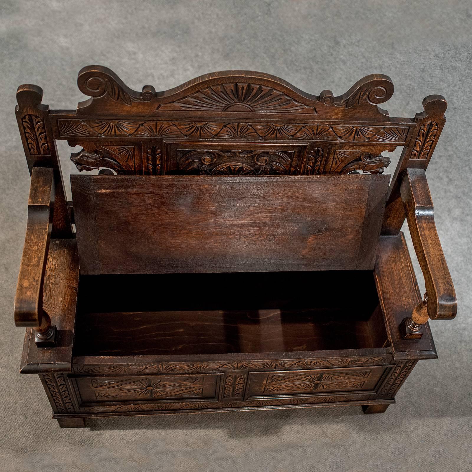 Great Britain (UK) Carved Oak Settle Bench Pew Hall Seat with Locker, English, Mid-20th Century