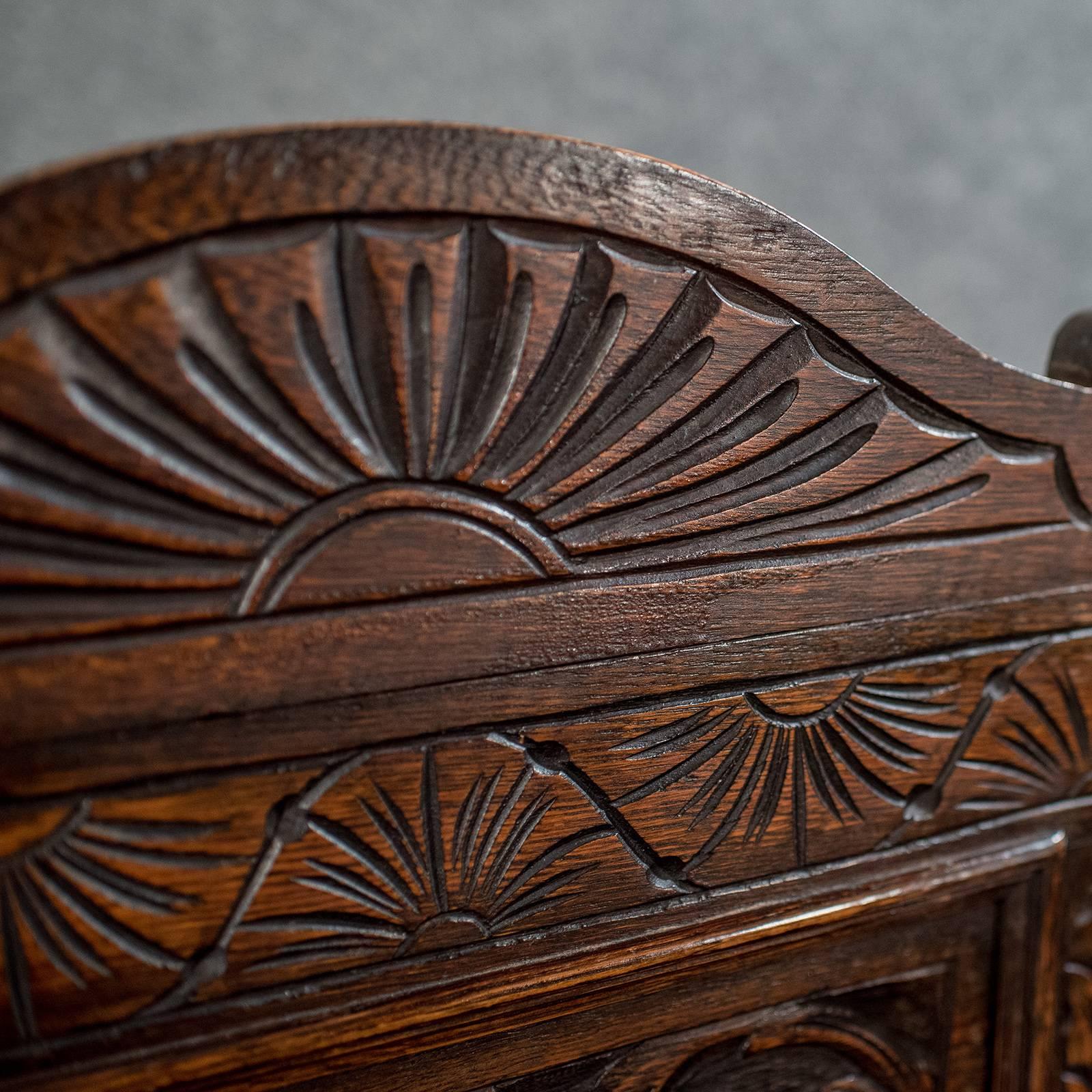 Carved Oak Settle Bench Pew Hall Seat with Locker, English, Mid-20th Century 1