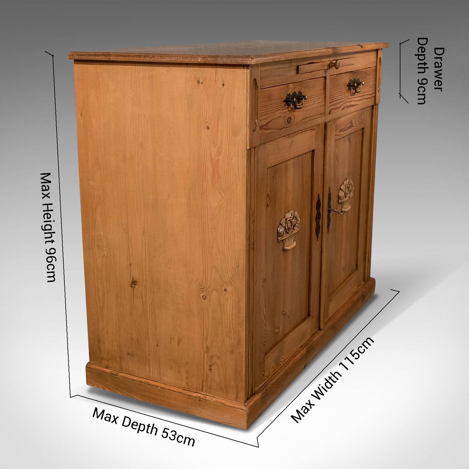 A most pleasing cabinet presented in very good antique condition
Classically crafted in pine offering a fine combination of practicality and style
Providing a traditional lower cupboard area below a pair of drawers - with the added benefit of an