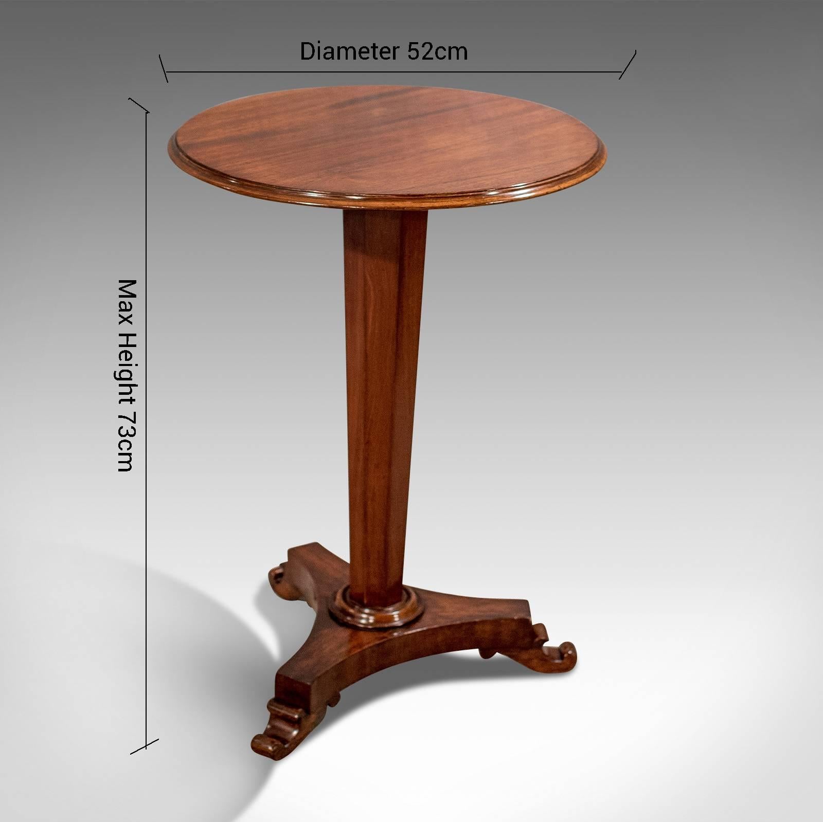 A most pleasing tripod wine table presented in very good antique condition
Classic Regency period 
Delightfully crafted in quality mahogany
Rising from a trefoil base upon carved scroll toe feet
Desirable, elegant, tapering, octagonal stem