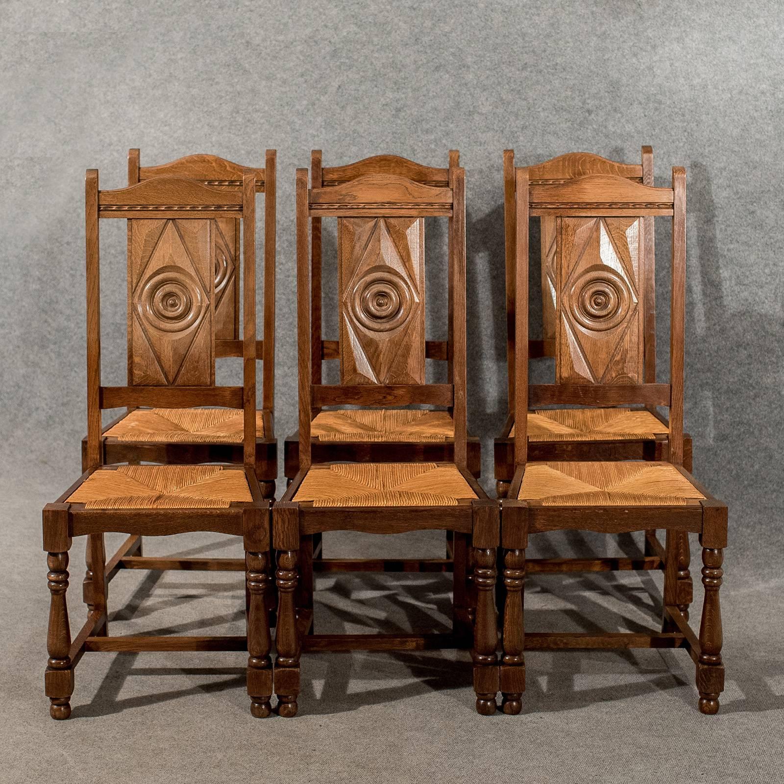 Great Britain (UK) Oak Set of Six Country Dining Kitchen Chairs Rush Seated Edwardian, circa 1910