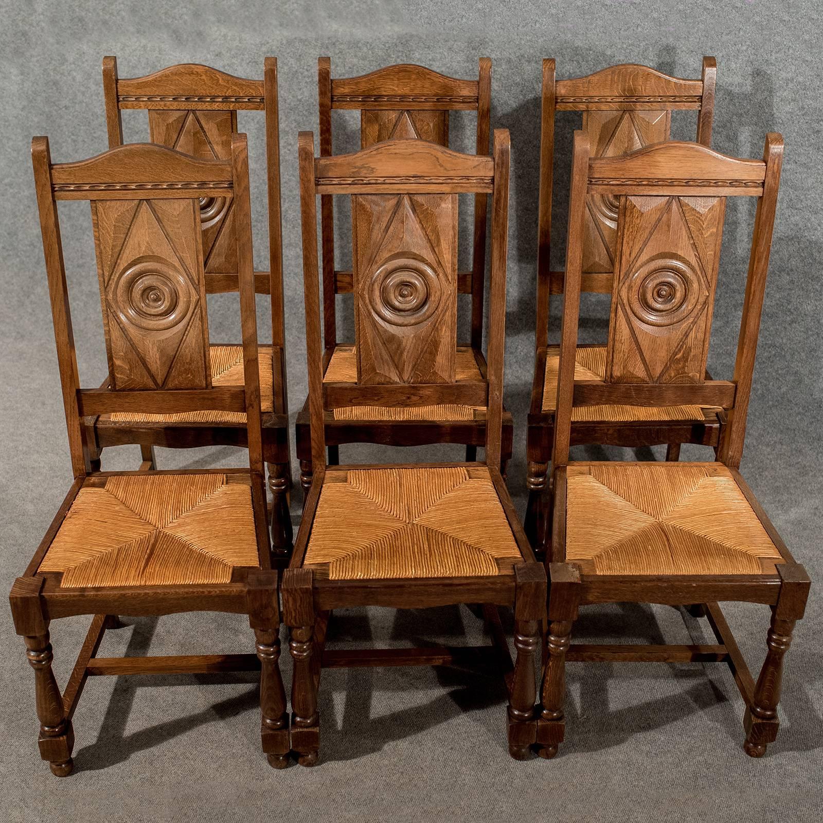 Early 20th Century Oak Set of Six Country Dining Kitchen Chairs Rush Seated Edwardian, circa 1910