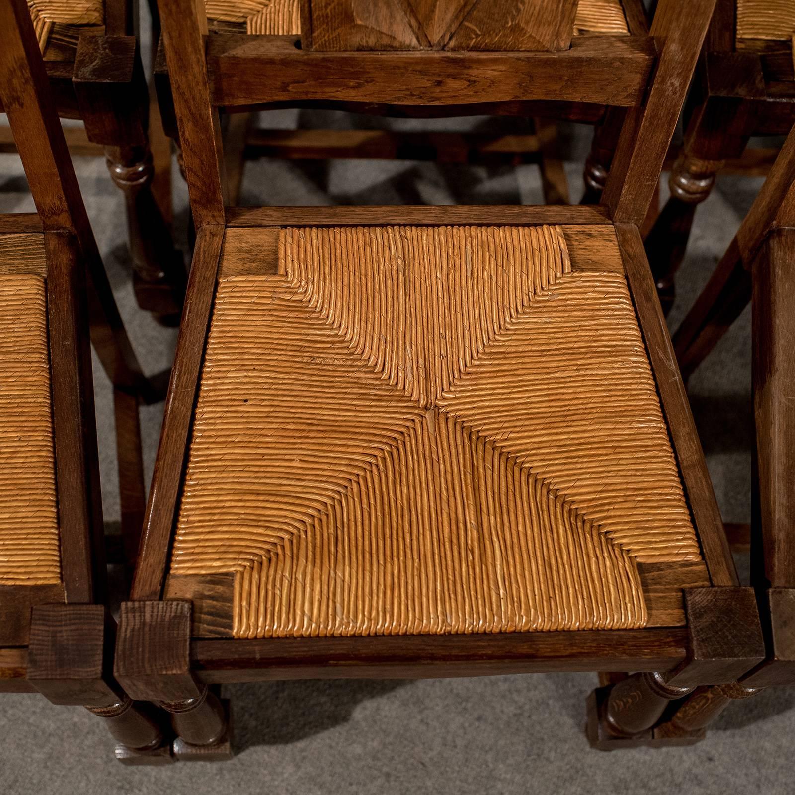 Oak Set of Six Country Dining Kitchen Chairs Rush Seated Edwardian, circa 1910 3