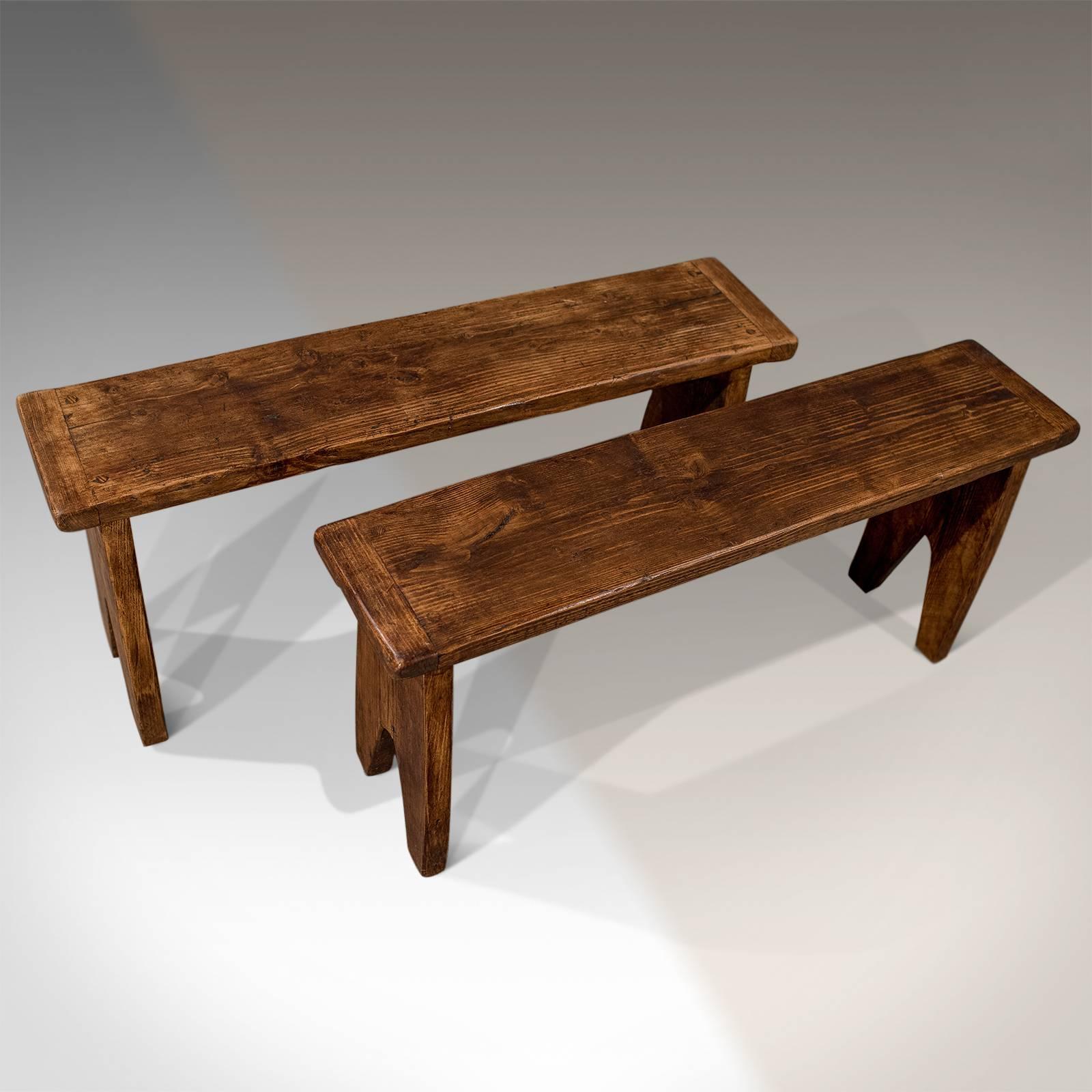 Country Antique Pair of Waxed Pine Benches, 20th Century