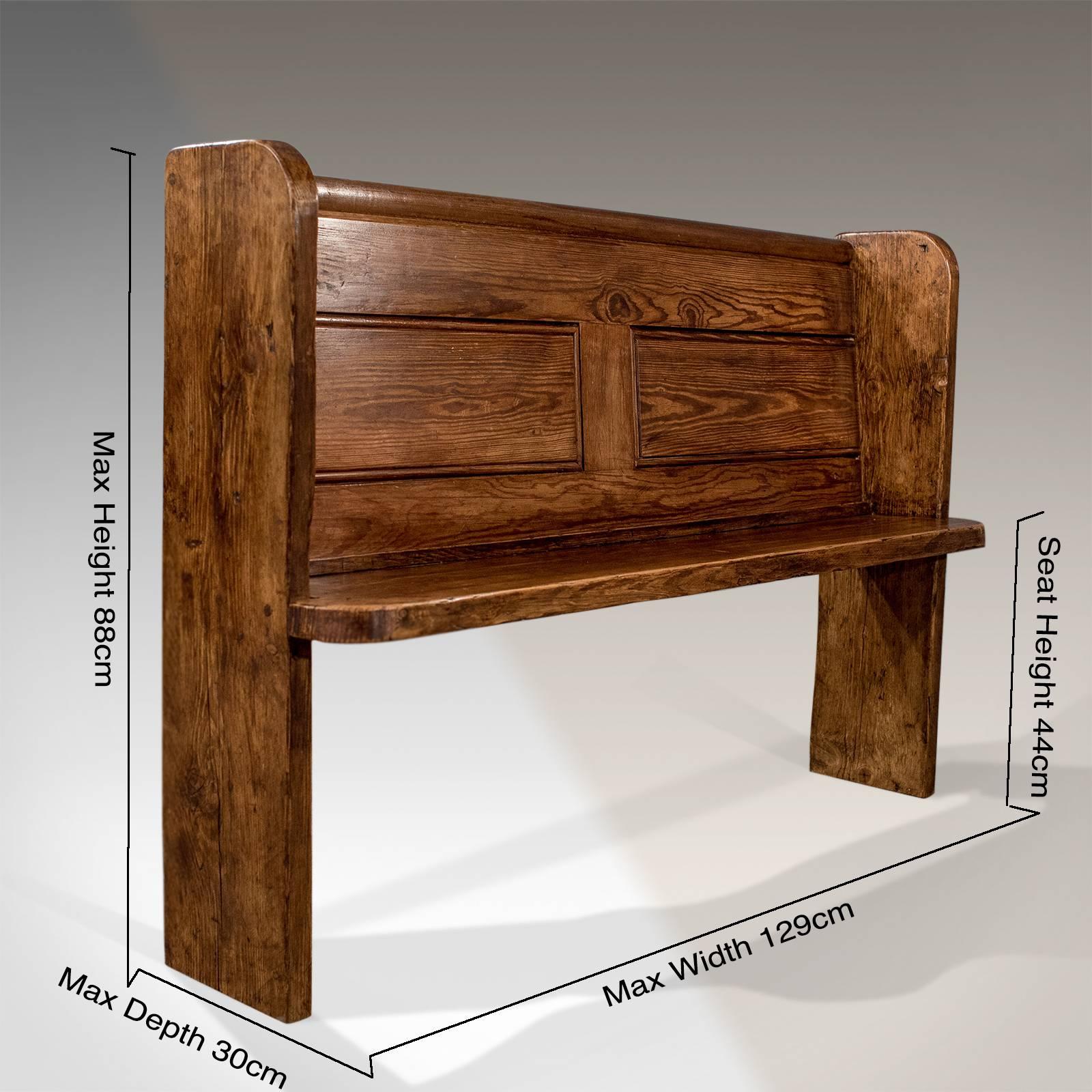 A most pleasing church pew bench seat presented in very good antique condition
Of classic form - perfect as a hall seat or kitchen bench
Delightfully crafted in thick country pine
Compact width and narrow depth 
Rising from solid stiles