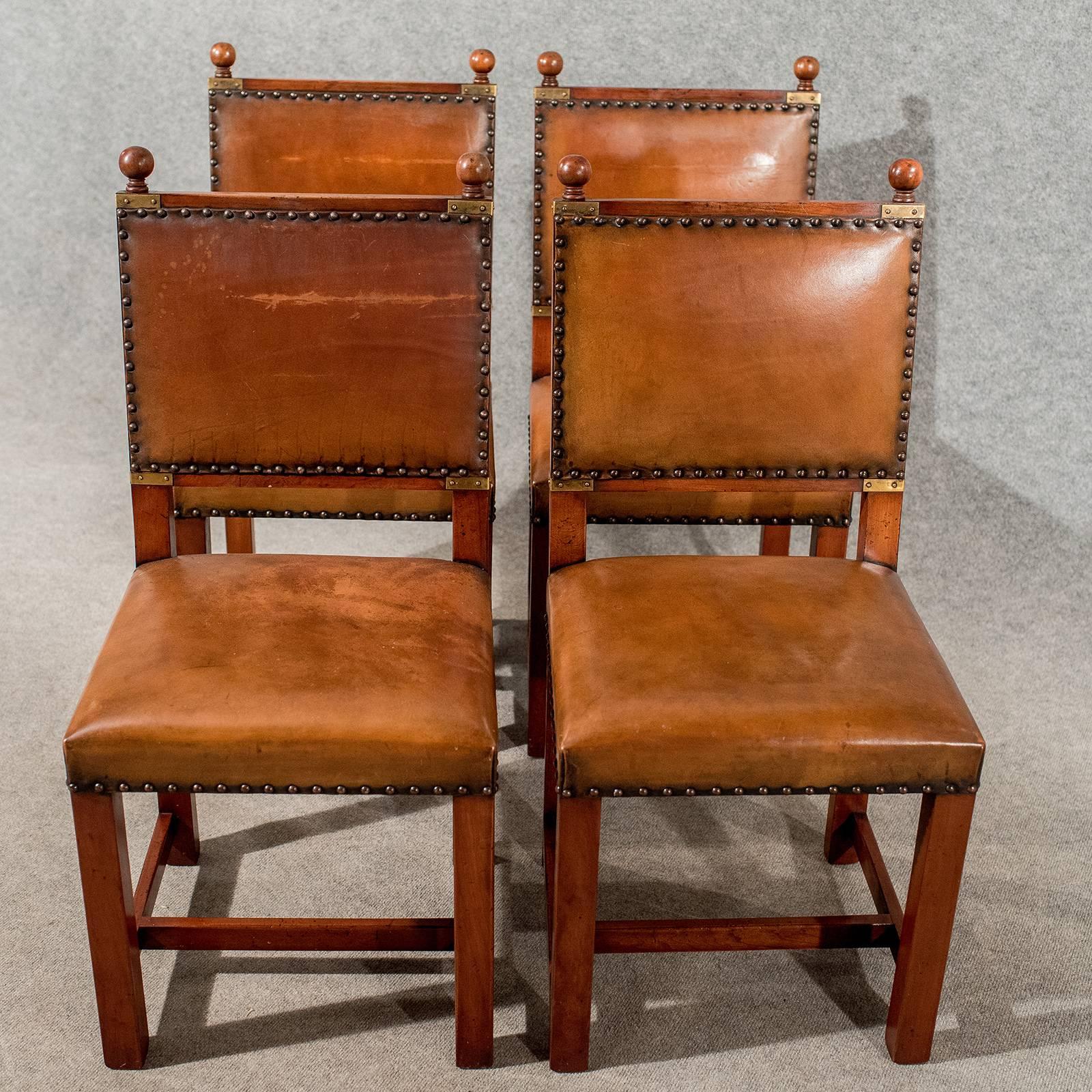 20th Century Antique Oak and Leather Set Four Dining Kitchen Chairs Comfy and Quality