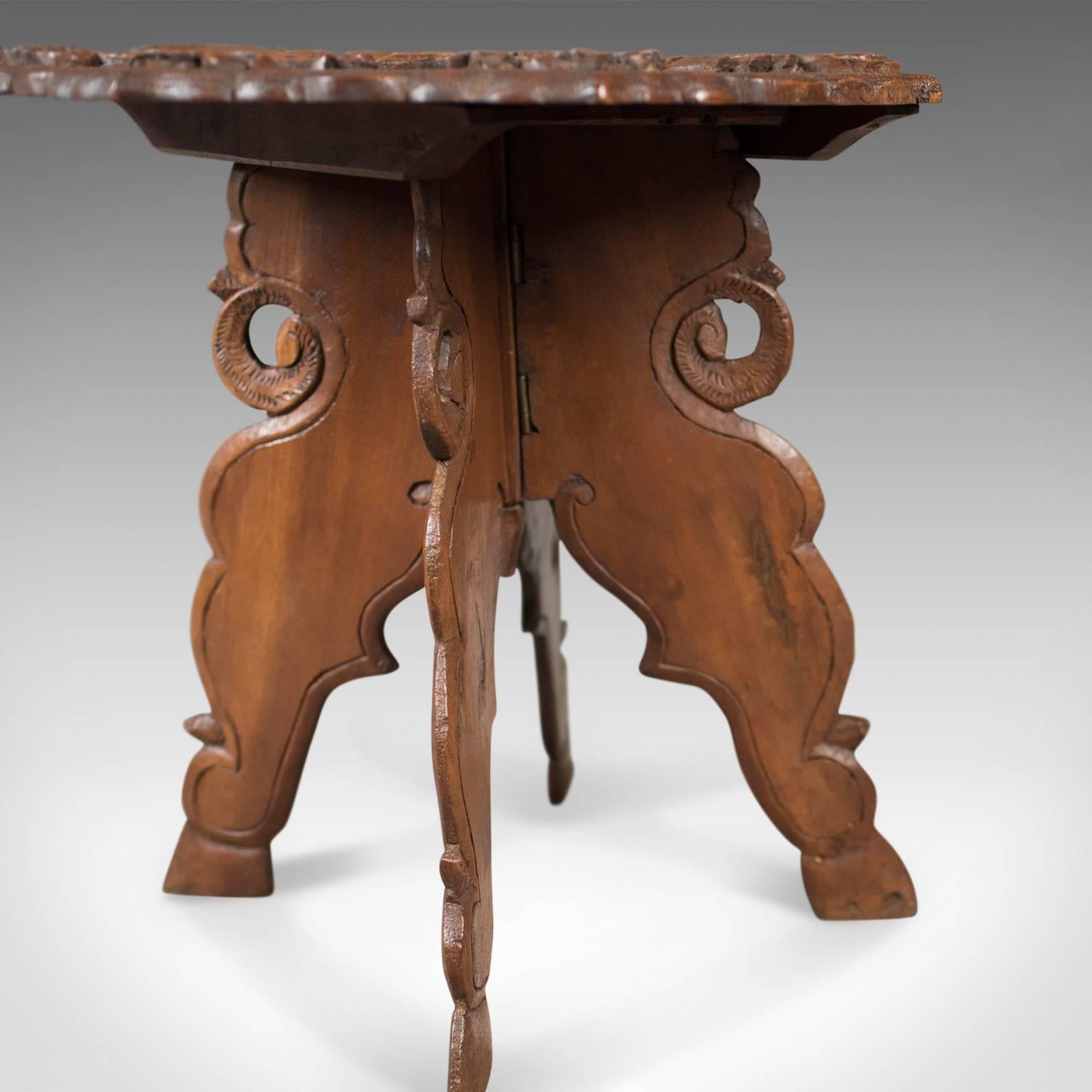 Indian Carved Teak Campaign Side Table, Mid-Century