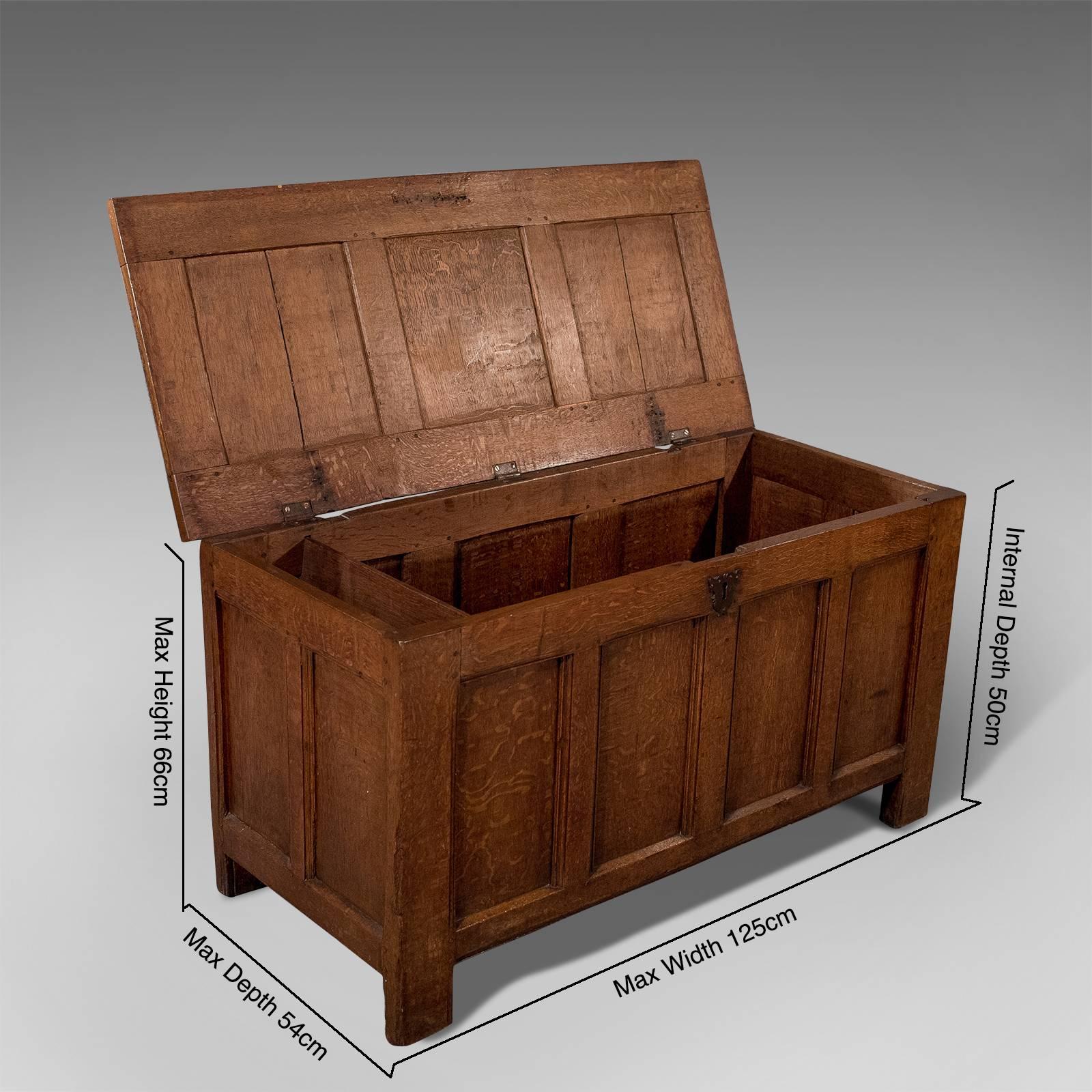 A most pleasing coffer chest presented in good antique condition
Of Classic English mid-Georgian craftsmanship with field panels and pegged mortice joints
Mid-size offering practical storage 
Candle tray to one end
Rising from style legs through