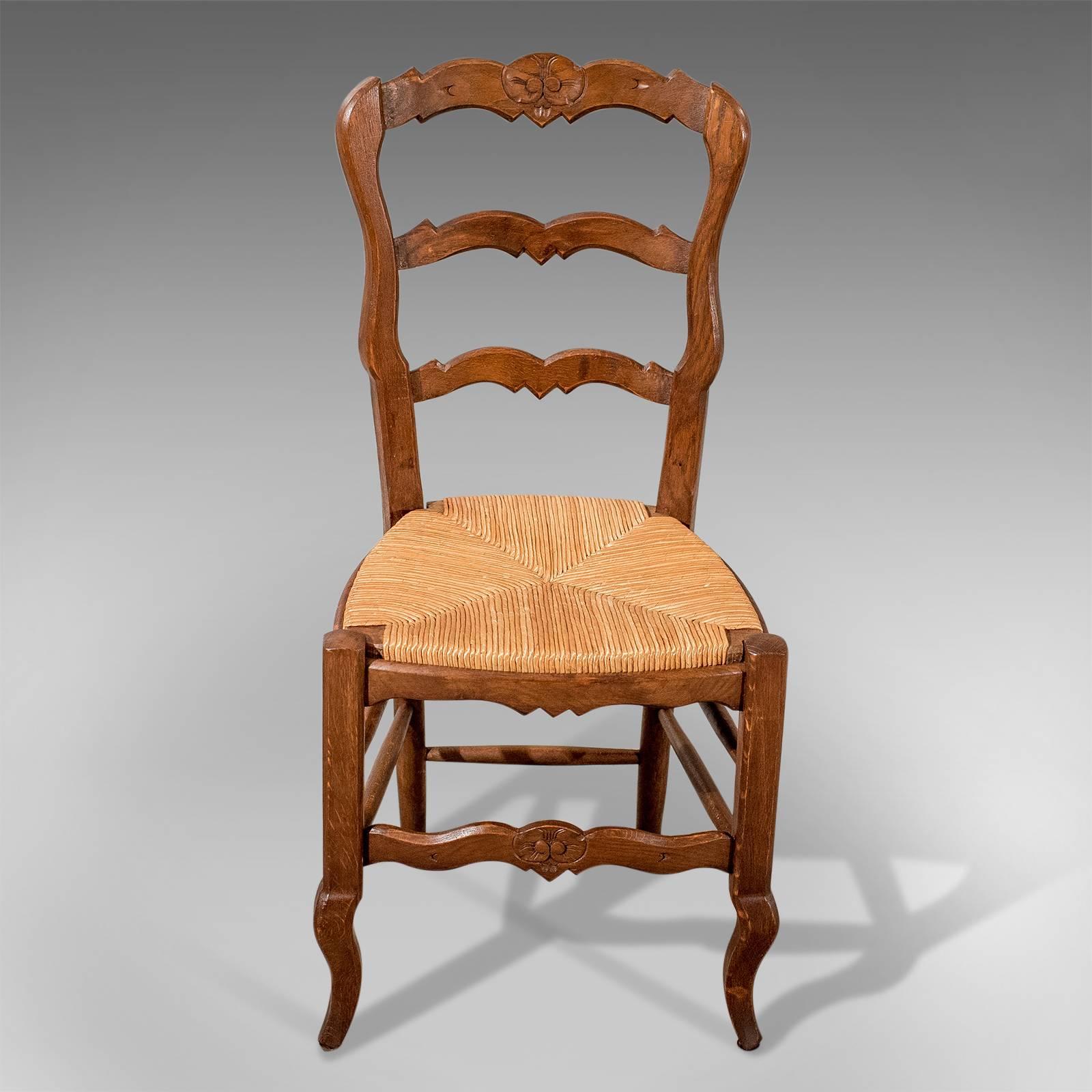 Early 20th Century French Oak Country Kitchen Dining Chairs Set of Six Rush Seats, circa 1900