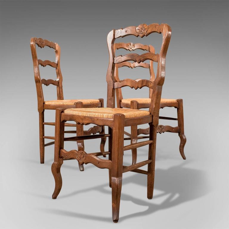 French Oak Country Kitchen Dining Chairs Set of Six Rush Seats, circa