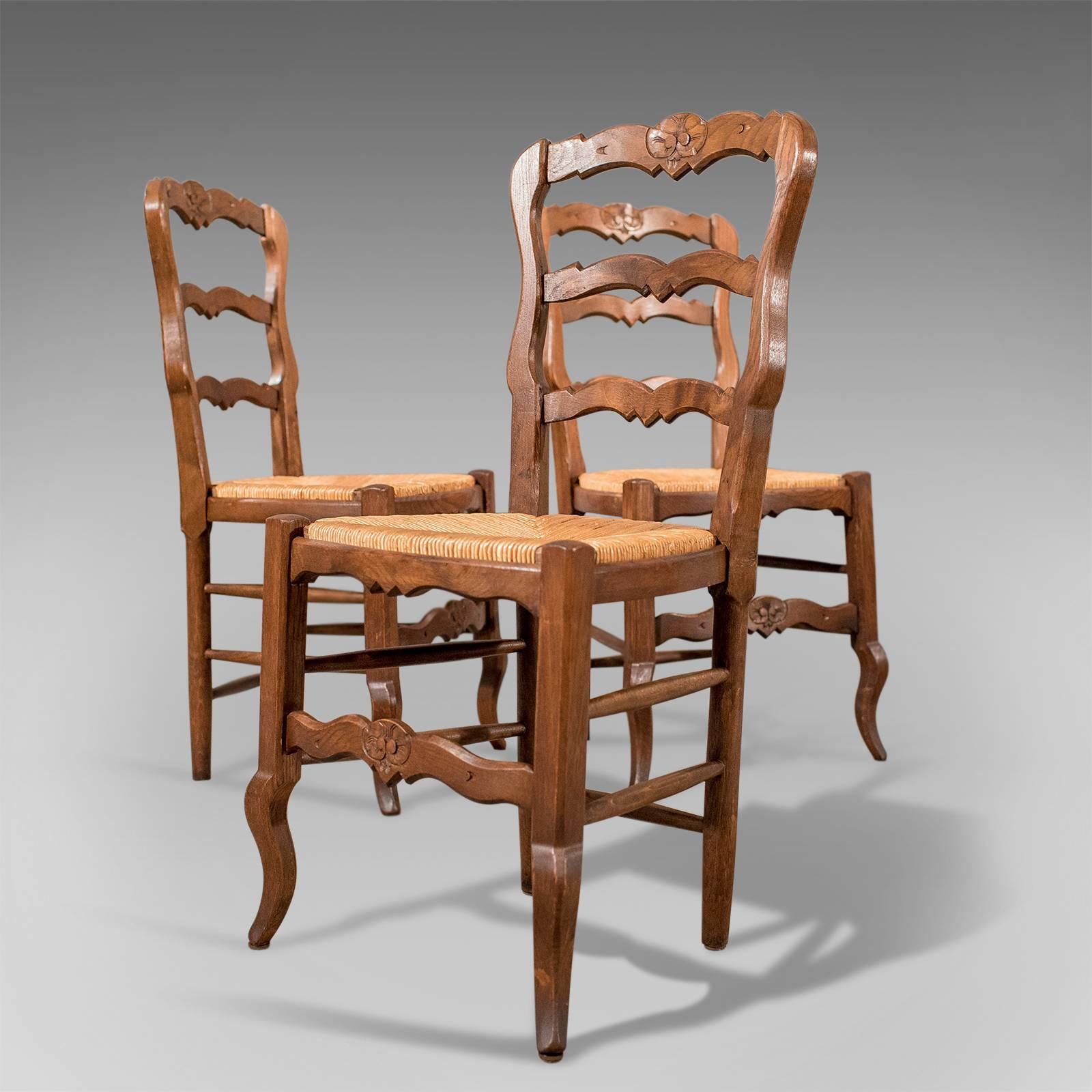 French Oak Country Kitchen Dining Chairs Set of Six Rush Seats, circa 1900 1