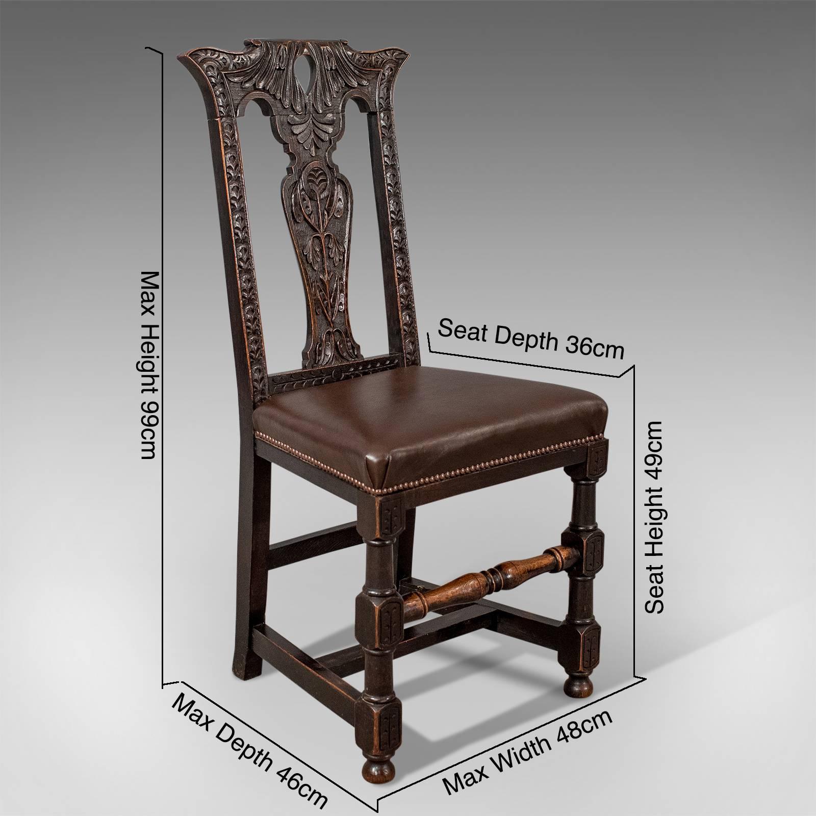 A most pleasing set of four chairs presented in good antique condition
With leather seats this well crafted set provides style and function
Delightfully carved back splat rising to a splayed upper with owls ears and butler's grasp
Generous in