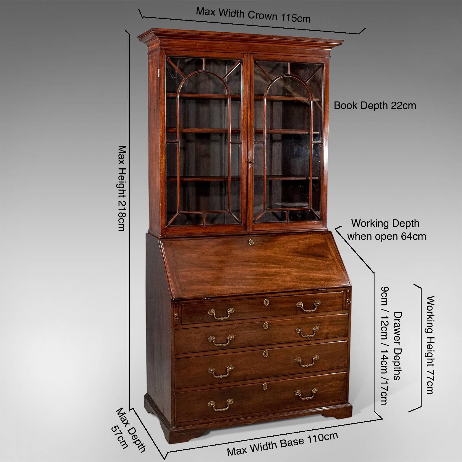 A most pleasing tall bureau bookcase presented in good antique condition, circa 1800
Original English Georgian from the late 18th century
With classic glazed display cabinet over a practical writing bureau
Generous in size offering practical
