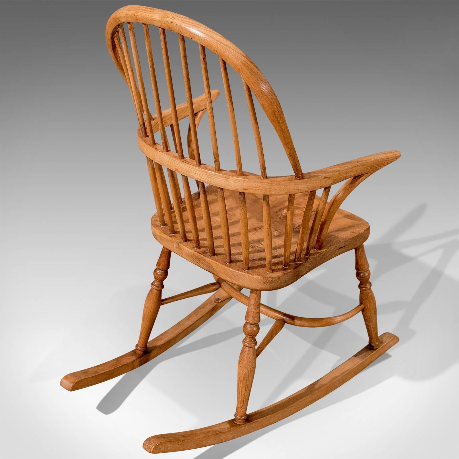 British Antique Windsor Rocking Chair Ash & Elm, Crinoline Stretcher, English circa 1870