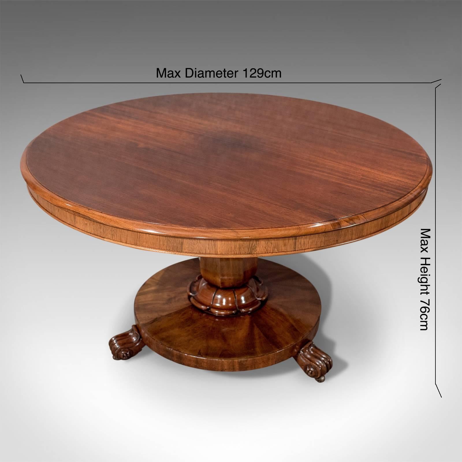 A most pleasing centre circular table presented in good antique condition
With classic Regency 'breakfast table' tilt action
Delightfully crafted in select rosewood
Generous in size offering practical use as a dining or centre table
Rising from