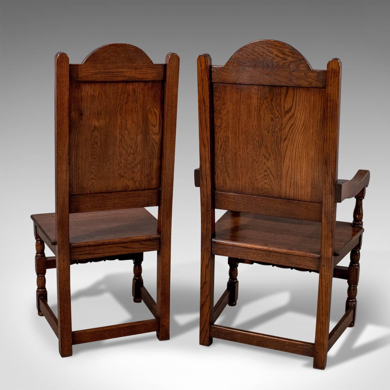 British Set of Eight Oak Dining Chairs Edwardian Jacobean Revival Inc Carvers circa 1910