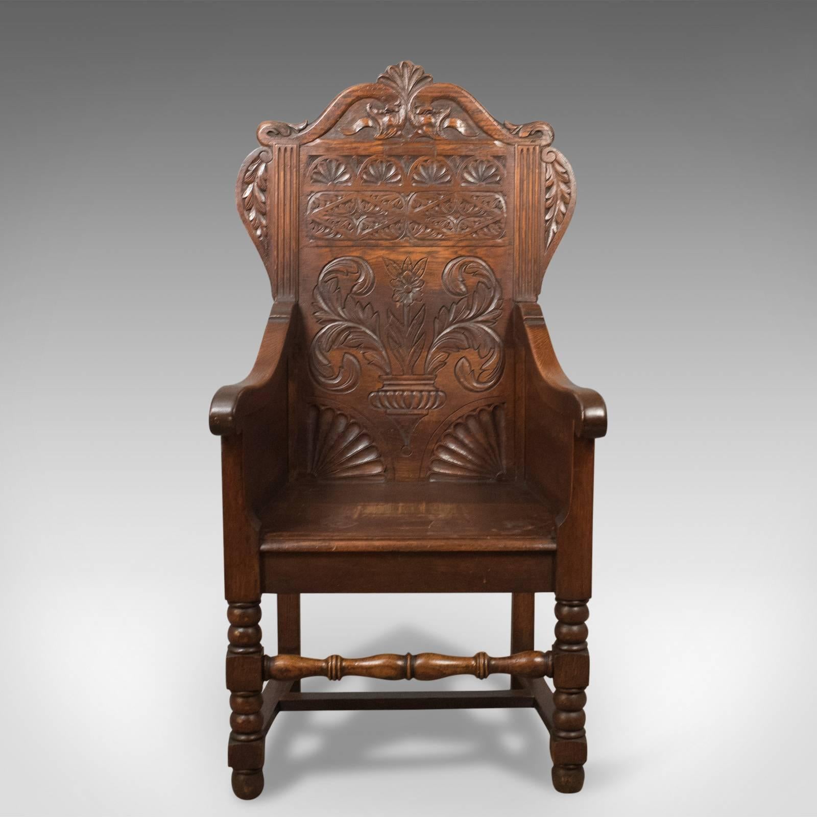 Victorian Antique Pair of Baronial Hall Chairs, English Oak Armchairs, circa 1900