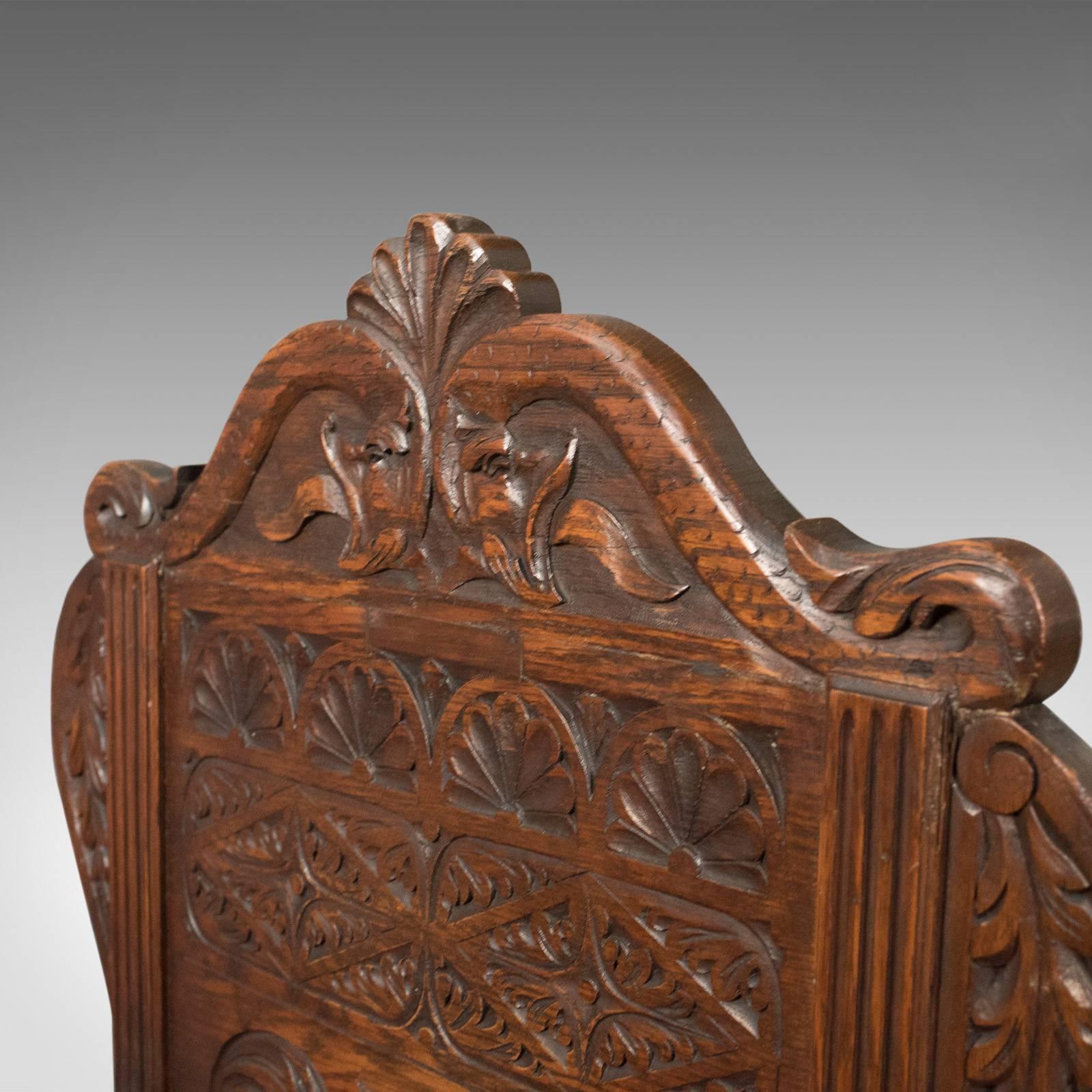 Antique Pair of Baronial Hall Chairs, English Oak Armchairs, circa 1900 2
