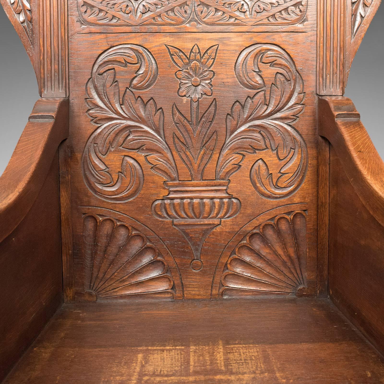 Antique Pair of Baronial Hall Chairs, English Oak Armchairs, circa 1900 4